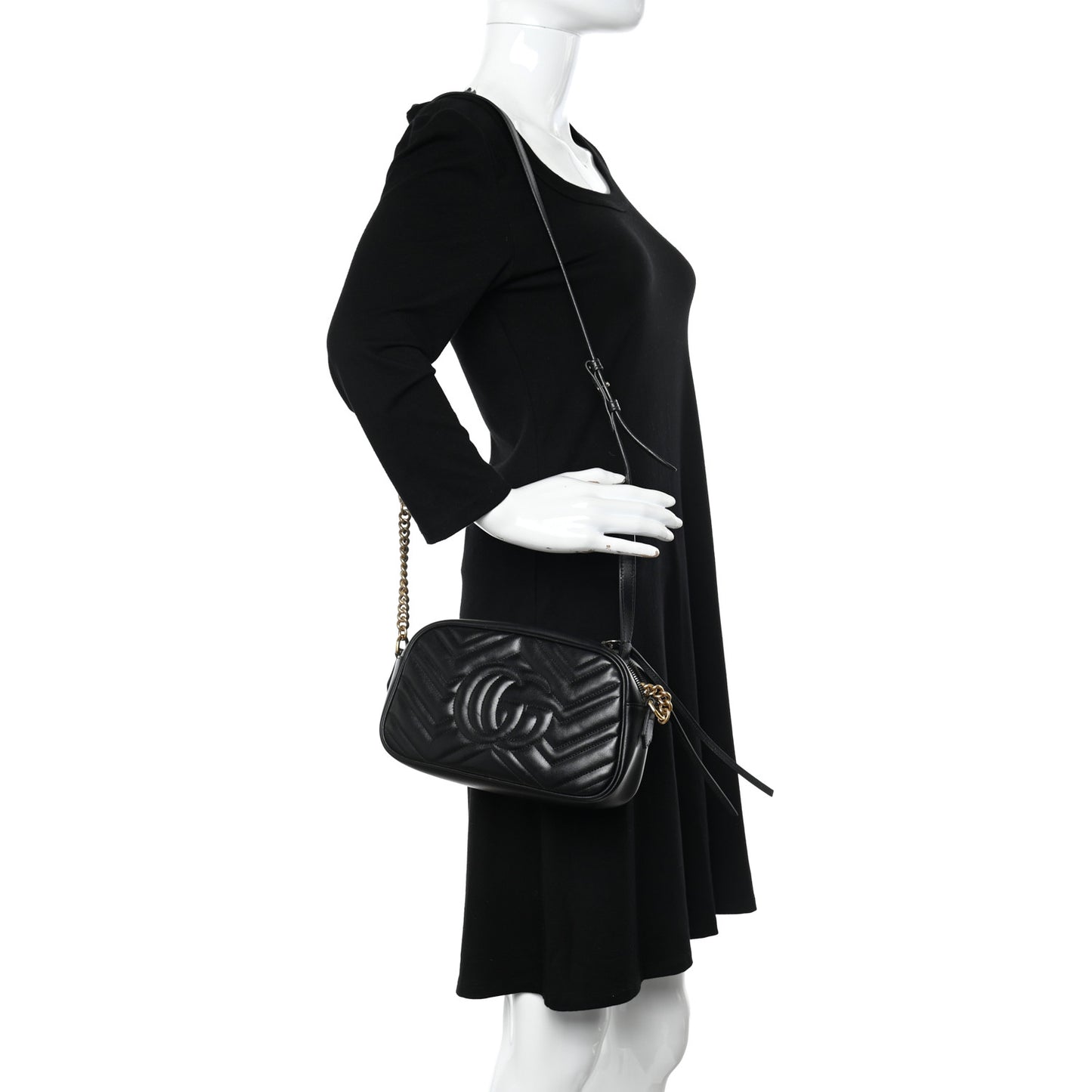 Calfskin Matelasse Small GG Marmont Chain Shoulder Bag Black