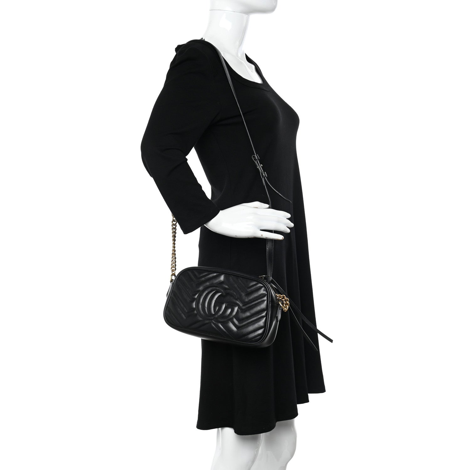 Gucci Calfskin Matelasse Small GG Marmont Chain Shoulder Bag Black 3 of 19