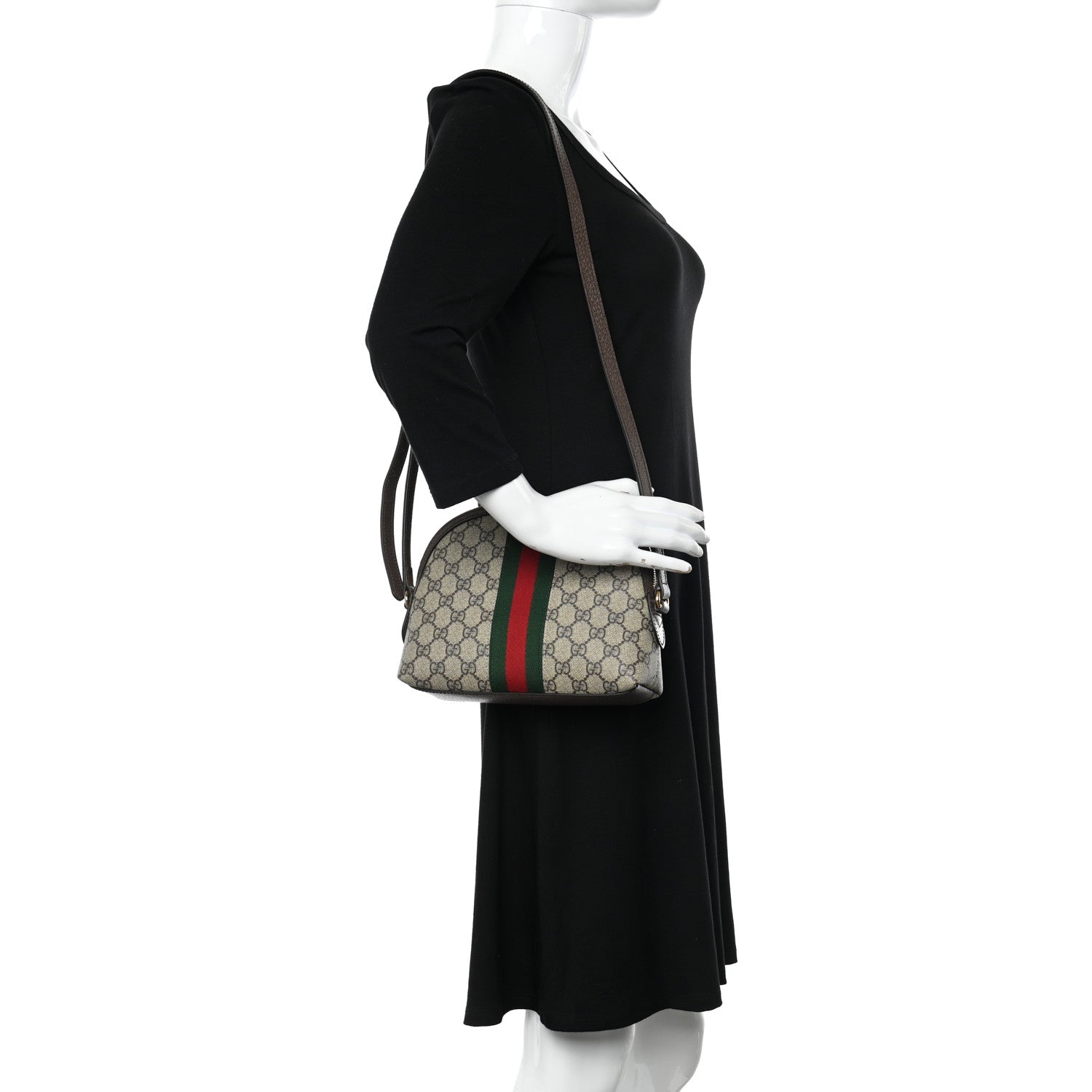 Gucci GG Supreme Monogram Textured Dollar Calfskin Web Small Ophidia Dome Shoulder Bag Beige Ebony New Acero 2 of 10