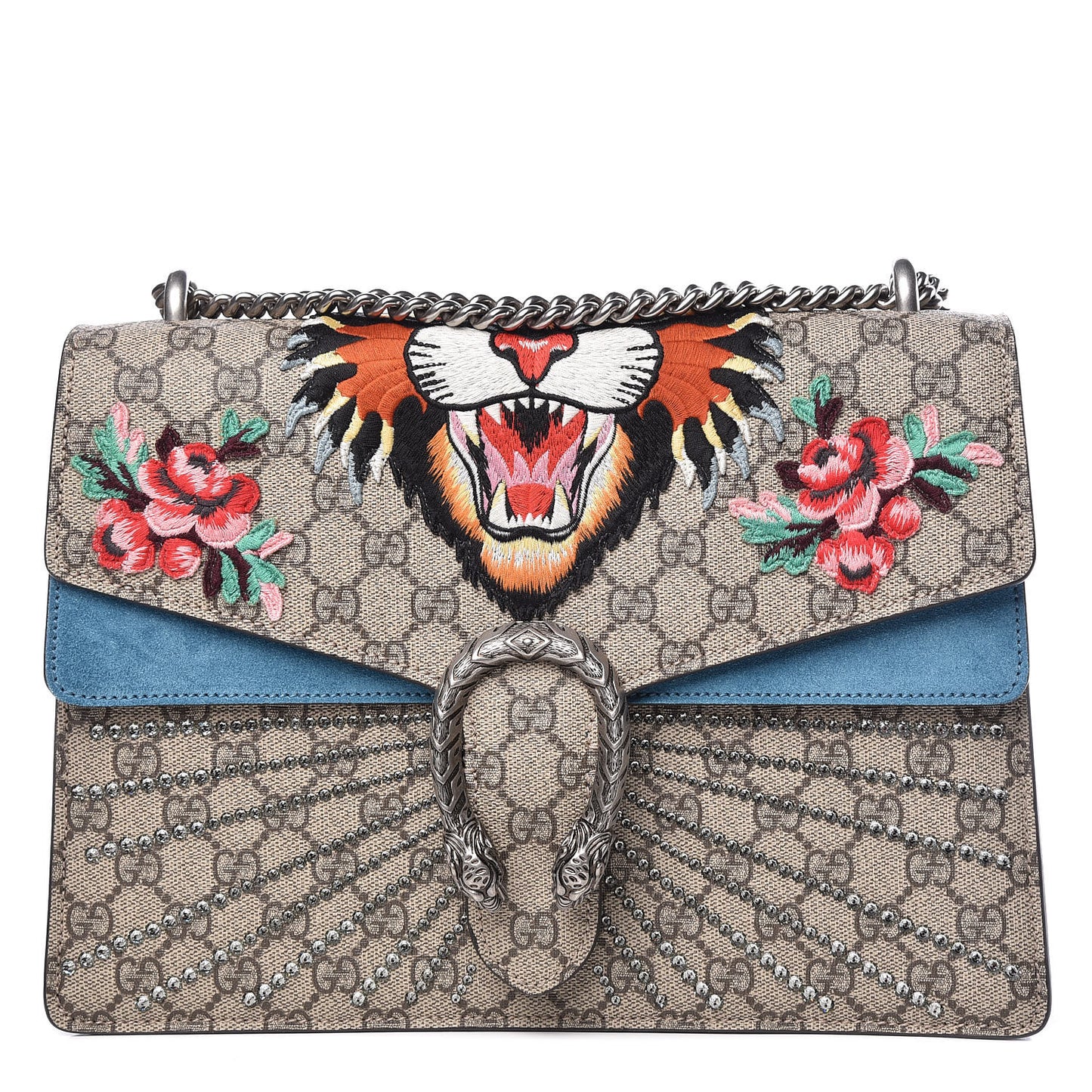 GG Supreme Monogram Angry Cat Embroidered Medium Dionysus Shoulder Bag Beige Ultramarine