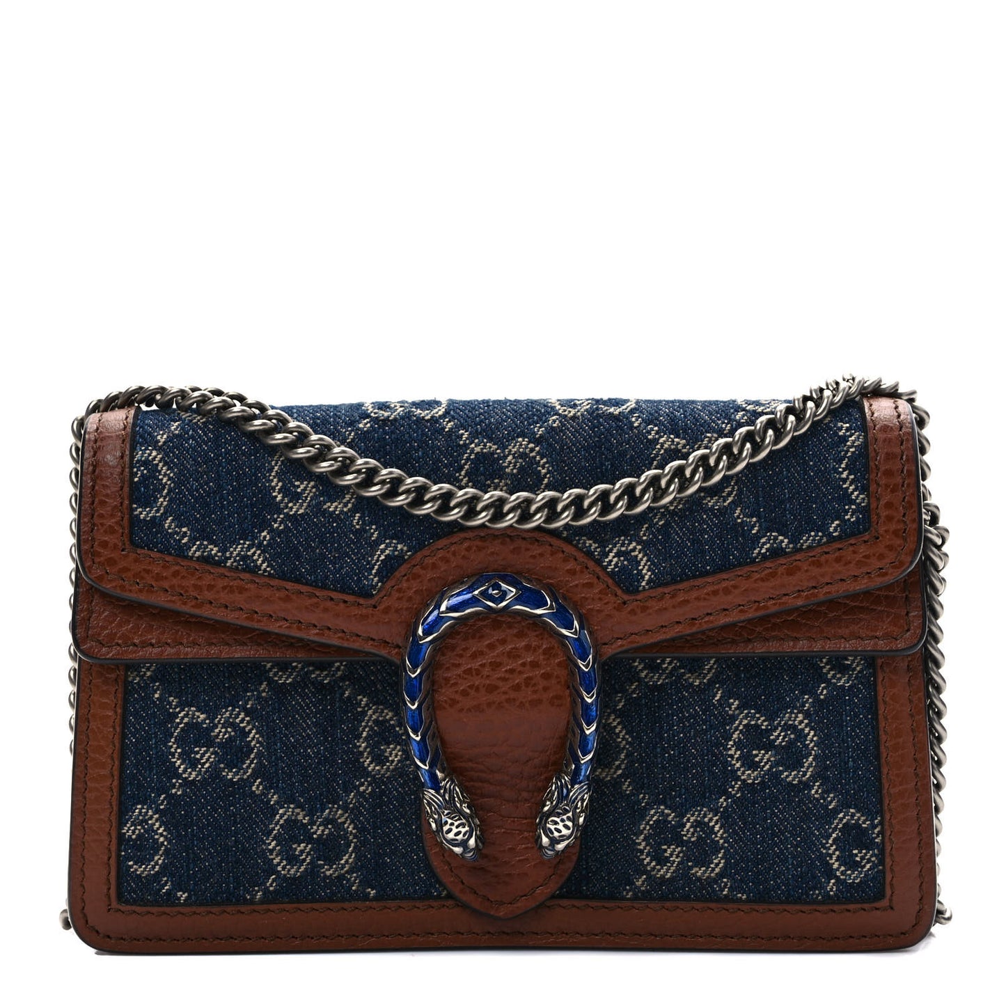 New Denim GG Monogram Dollar Calfskin Enamel Super Mini Dionysus Shoulder Bag Blue Tea Cuir Epilog Electric Blue