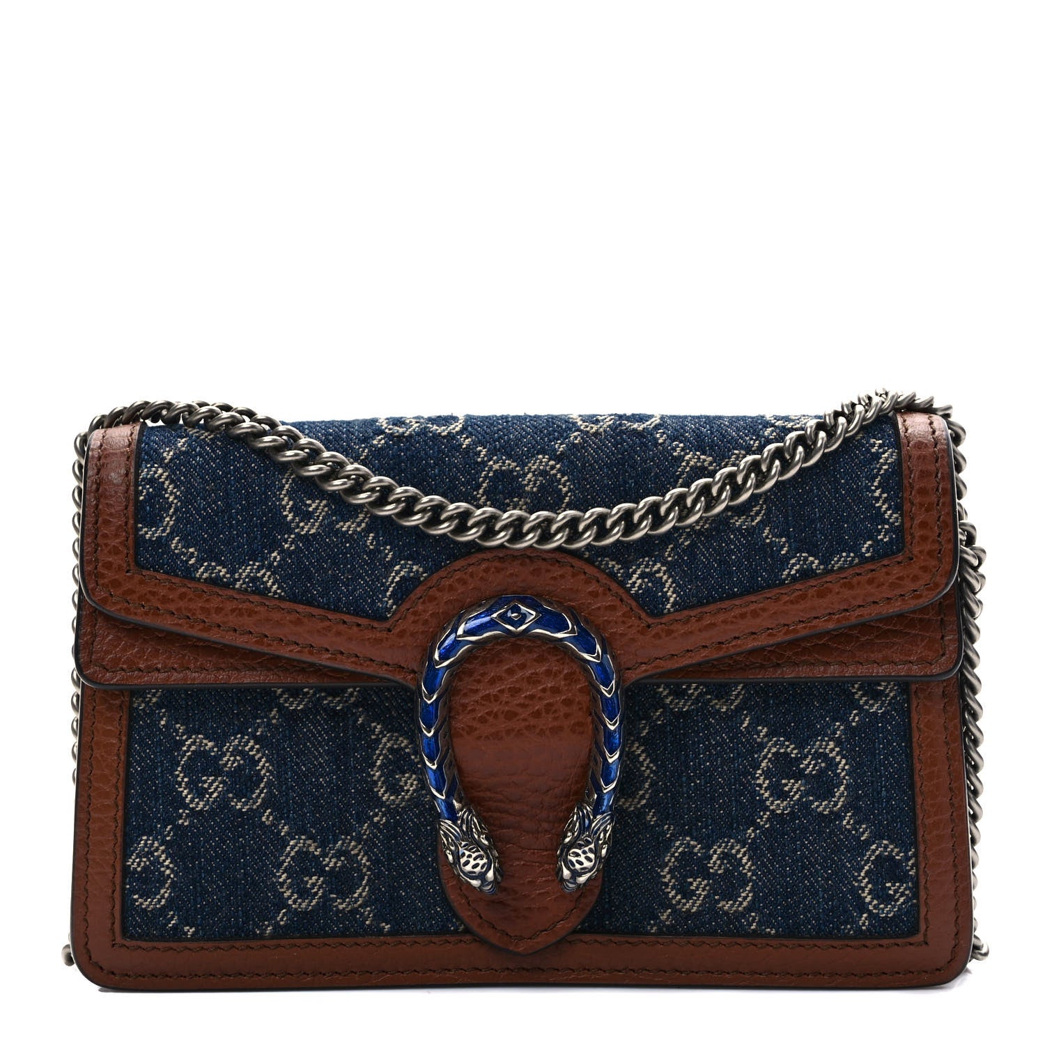 Gucci New Denim GG Monogram Dollar Calfskin Enamel Super Mini Dionysus Shoulder Bag Blue Tea Cuir Epilog Electric Blue 1 of 9
