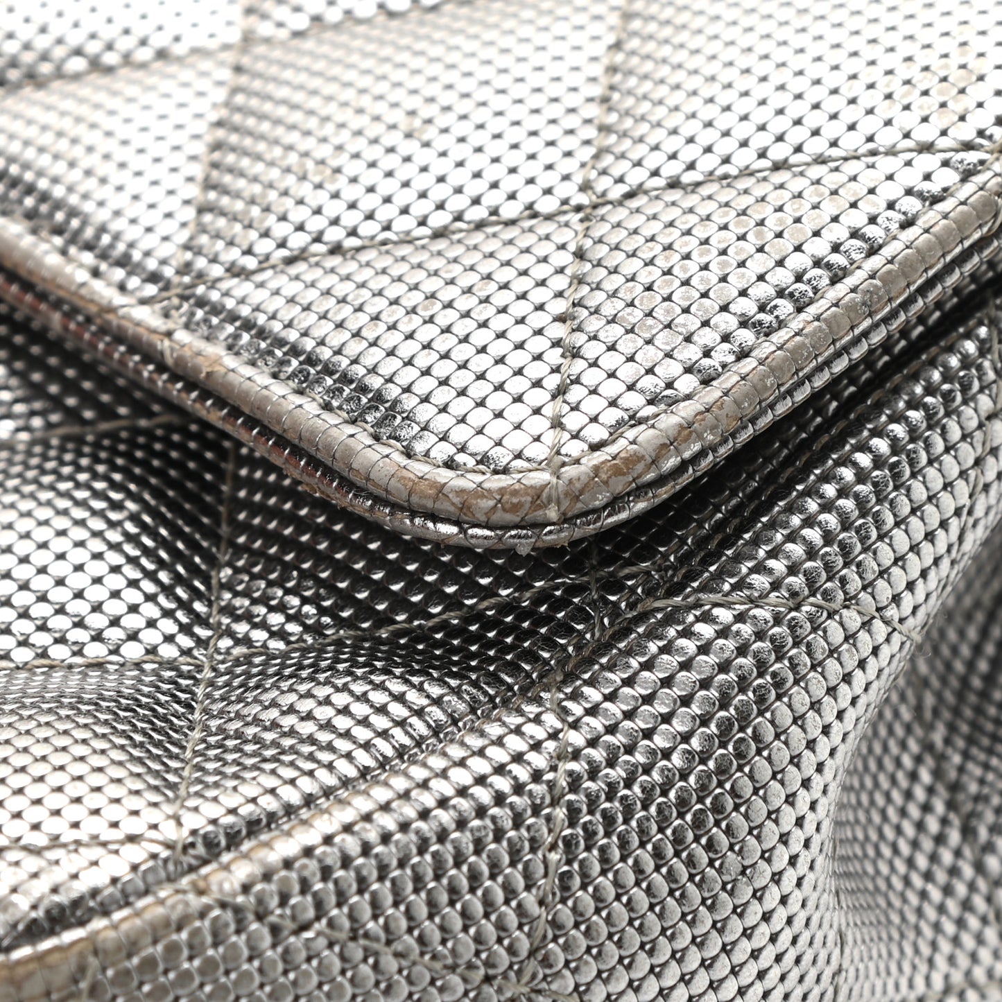 Metallic Calfskin Quilted Pixel Effect Mini Rectangular Flap Dark Silver