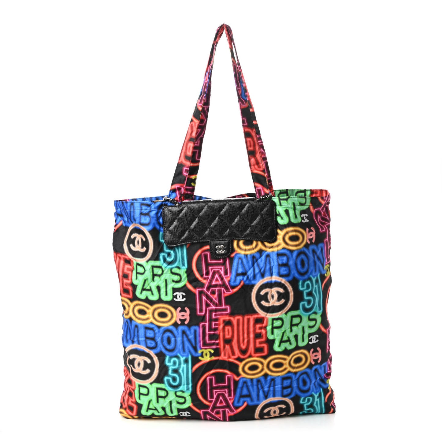 Caviar Fabric Quilted Foldable Tote With Chain Black Multicolor