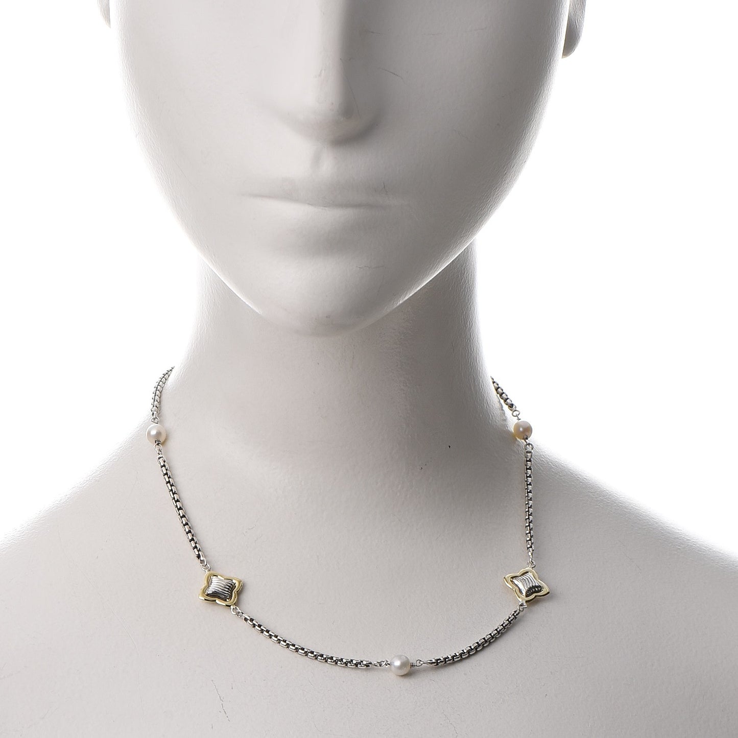 Sterling Silver 18K Yellow Gold Pearl 14mm Quatrefoil Station Necklace