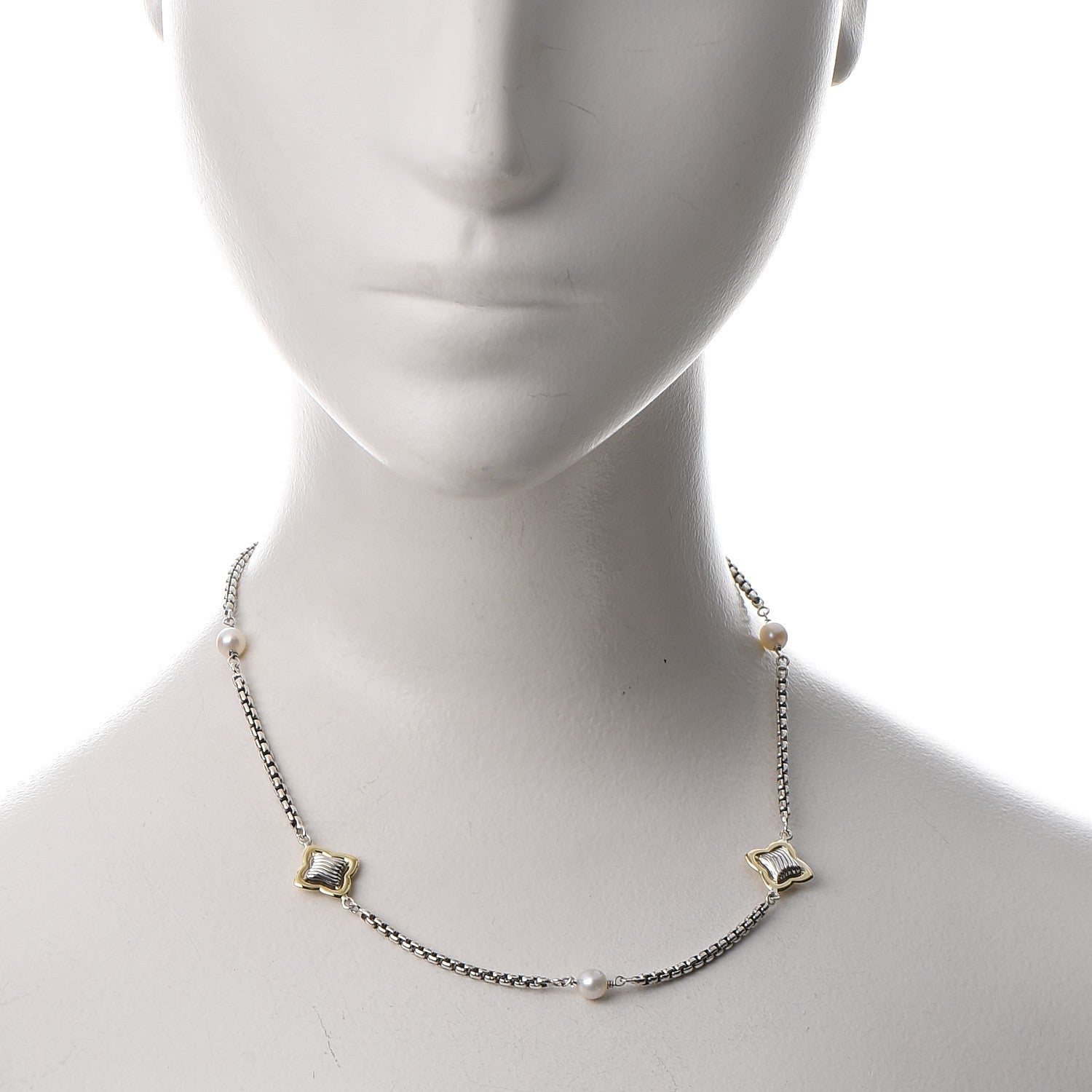 David Yurman Sterling Silver 18K Yellow Gold Pearl 14mm Quatrefoil Station Necklace 2 of 6