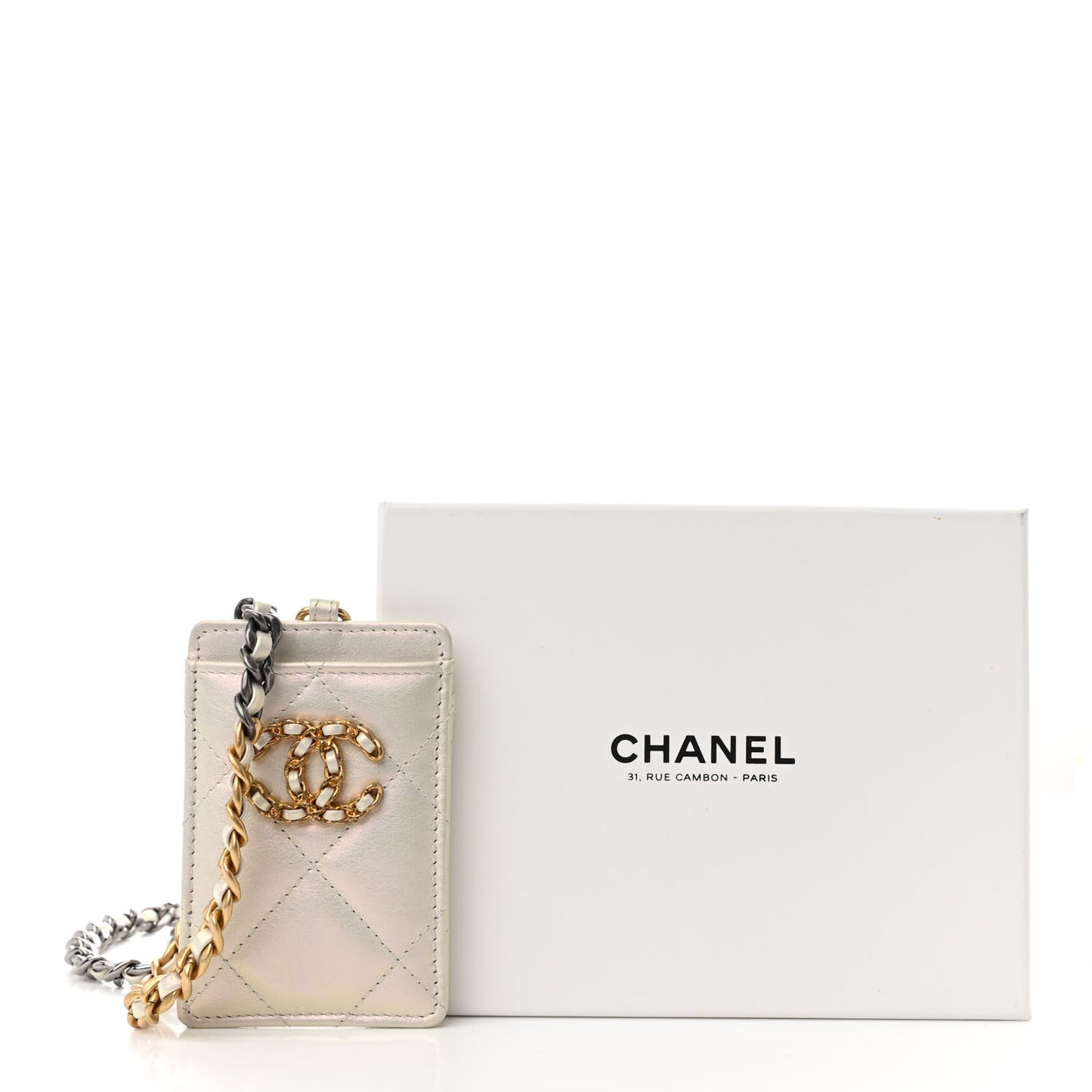Iridescent Calfskin Quilted Chanel 19 Card Holder On Chain White