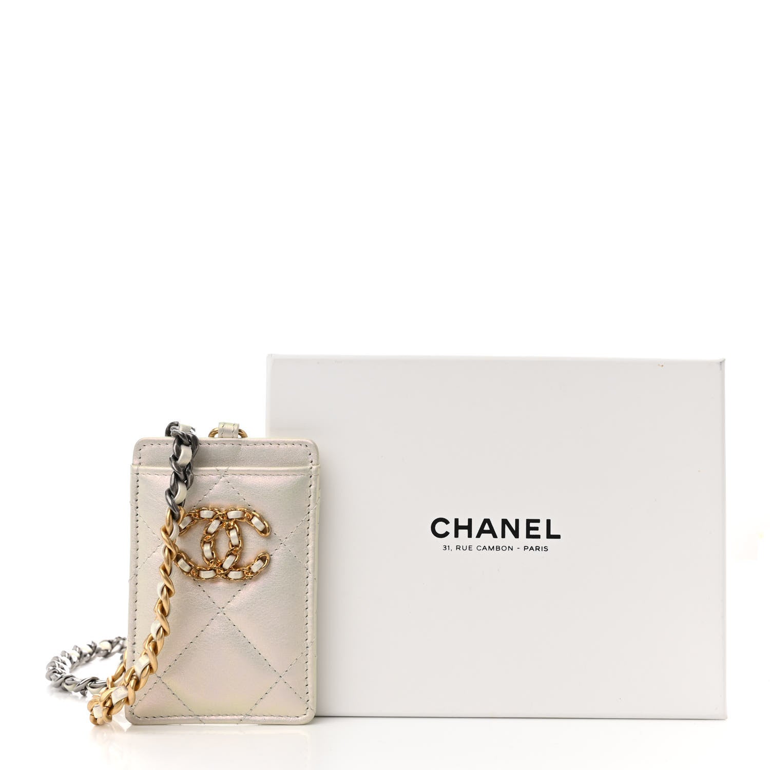 Chanel Iridescent Calfskin Quilted Chanel 19 Card Holder On Chain White 12 of 12