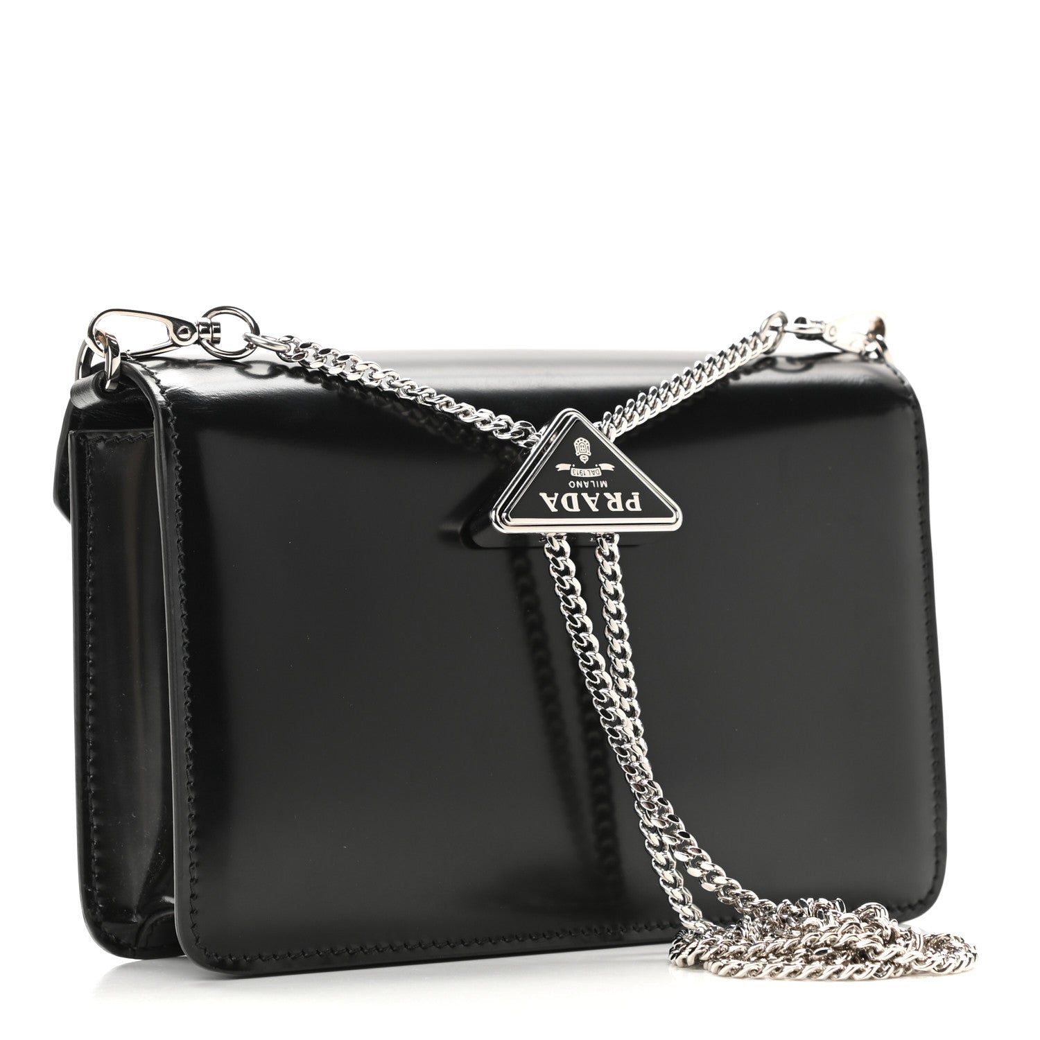 Prada Spazzolato Triangle Logo Plate Flap Chain Crossbody Bag Black 3 of 9