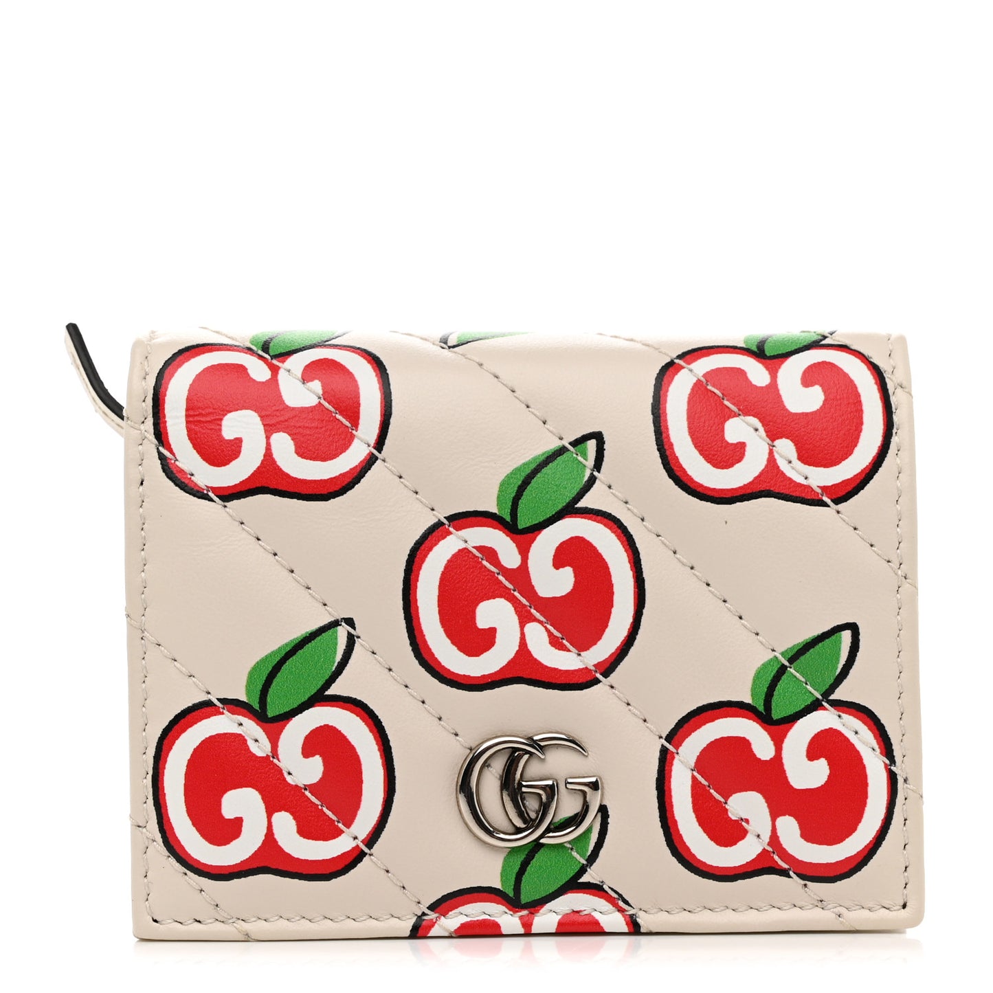 Calfskin Matelasse Diagonal GG Apple GG Marmont Card Case Wallet Ivory