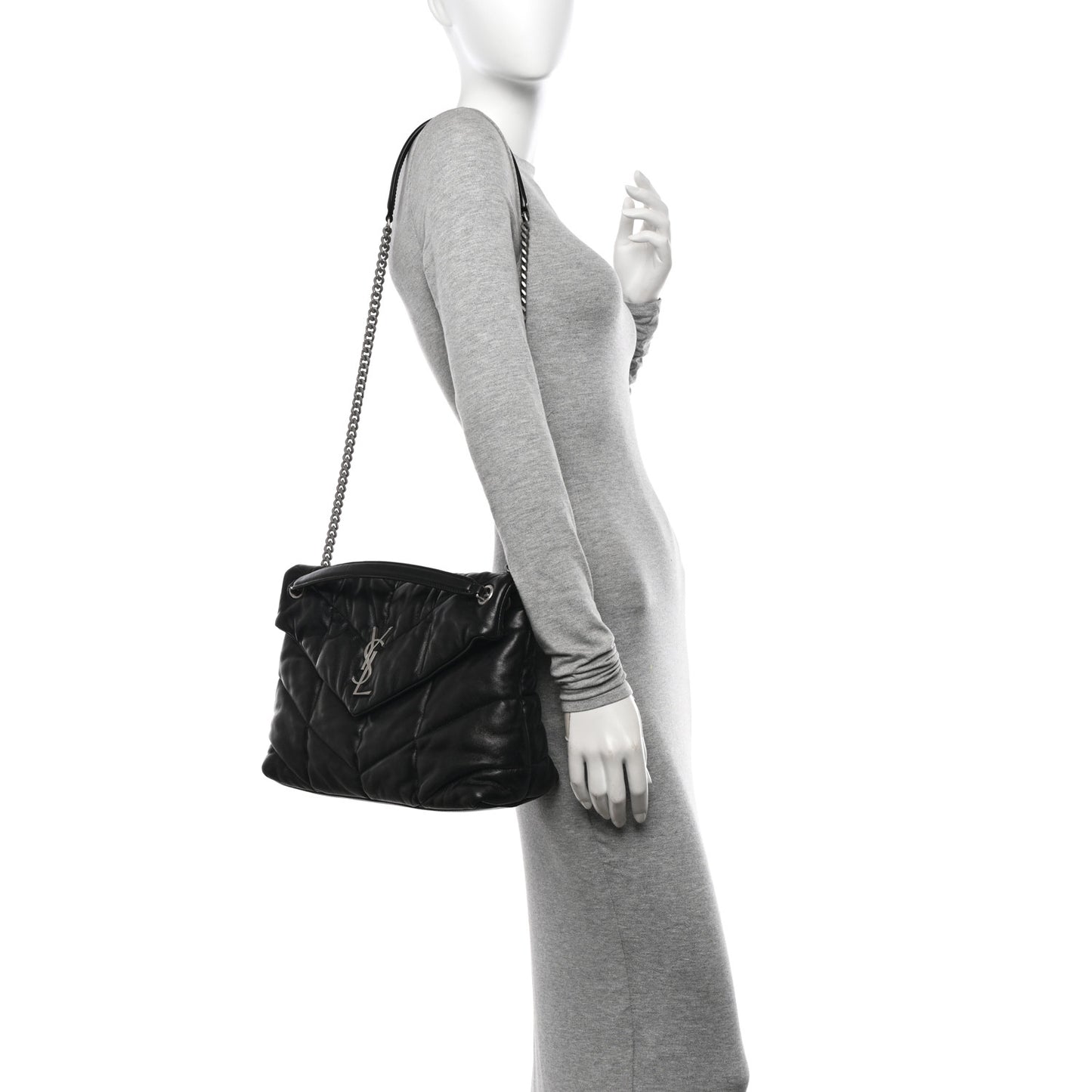 Lambskin Quilted Medium Loulou Puffer Monogram Chain Satchel Black