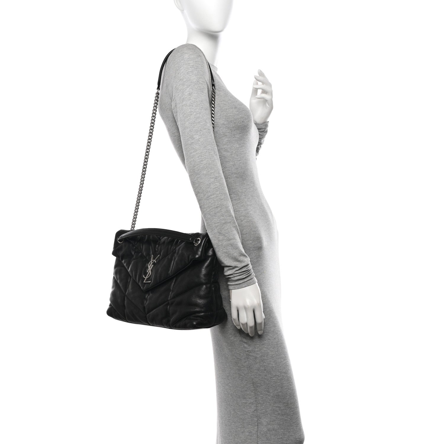 Saint Laurent Lambskin Quilted Medium Loulou Puffer Monogram Chain Satchel Black 2 of 10