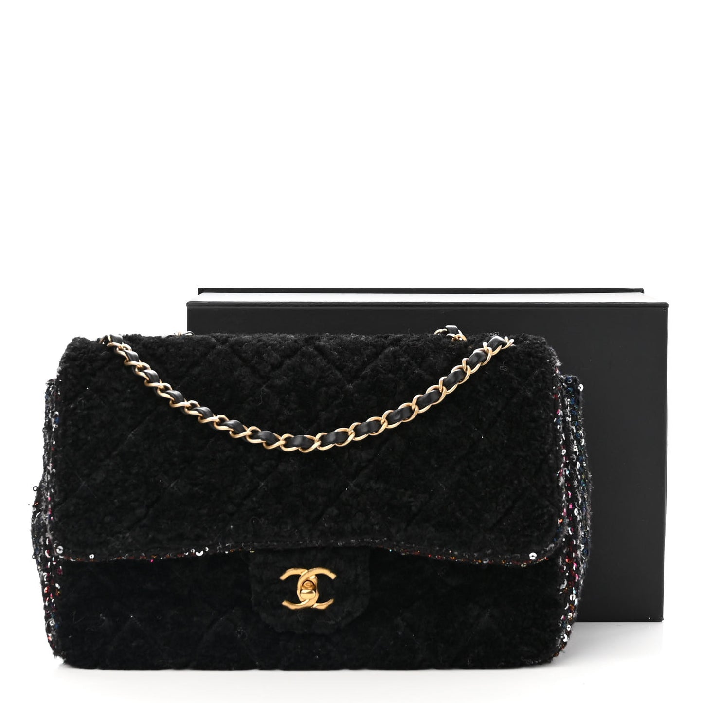 Shearling Sequin Tweed Quilted Jumbo Flap Black