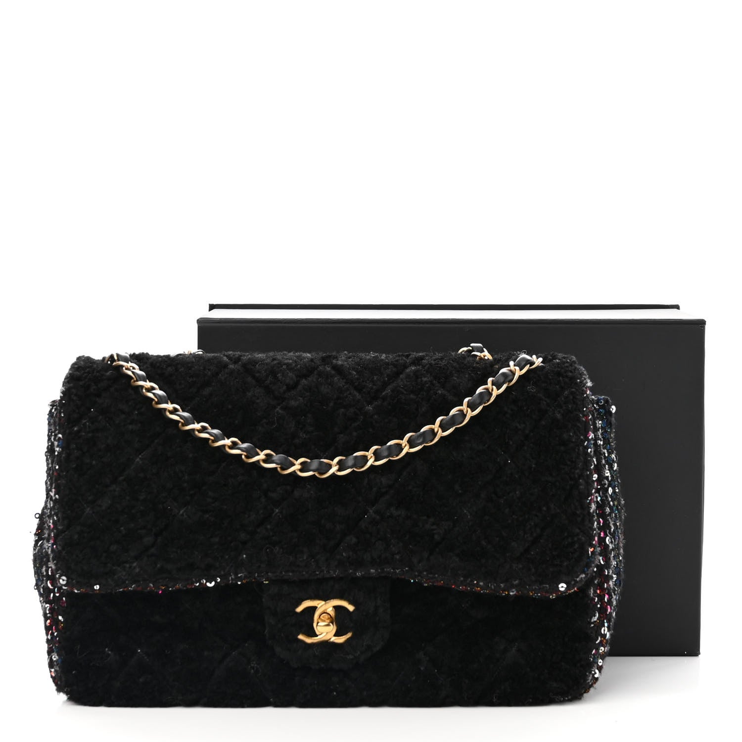 Chanel Shearling Sequin Tweed Quilted Jumbo Flap Black 14 of 14