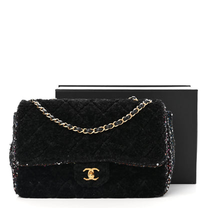 Chanel Shearling Sequin Tweed Quilted Jumbo Flap Black 14 of 14