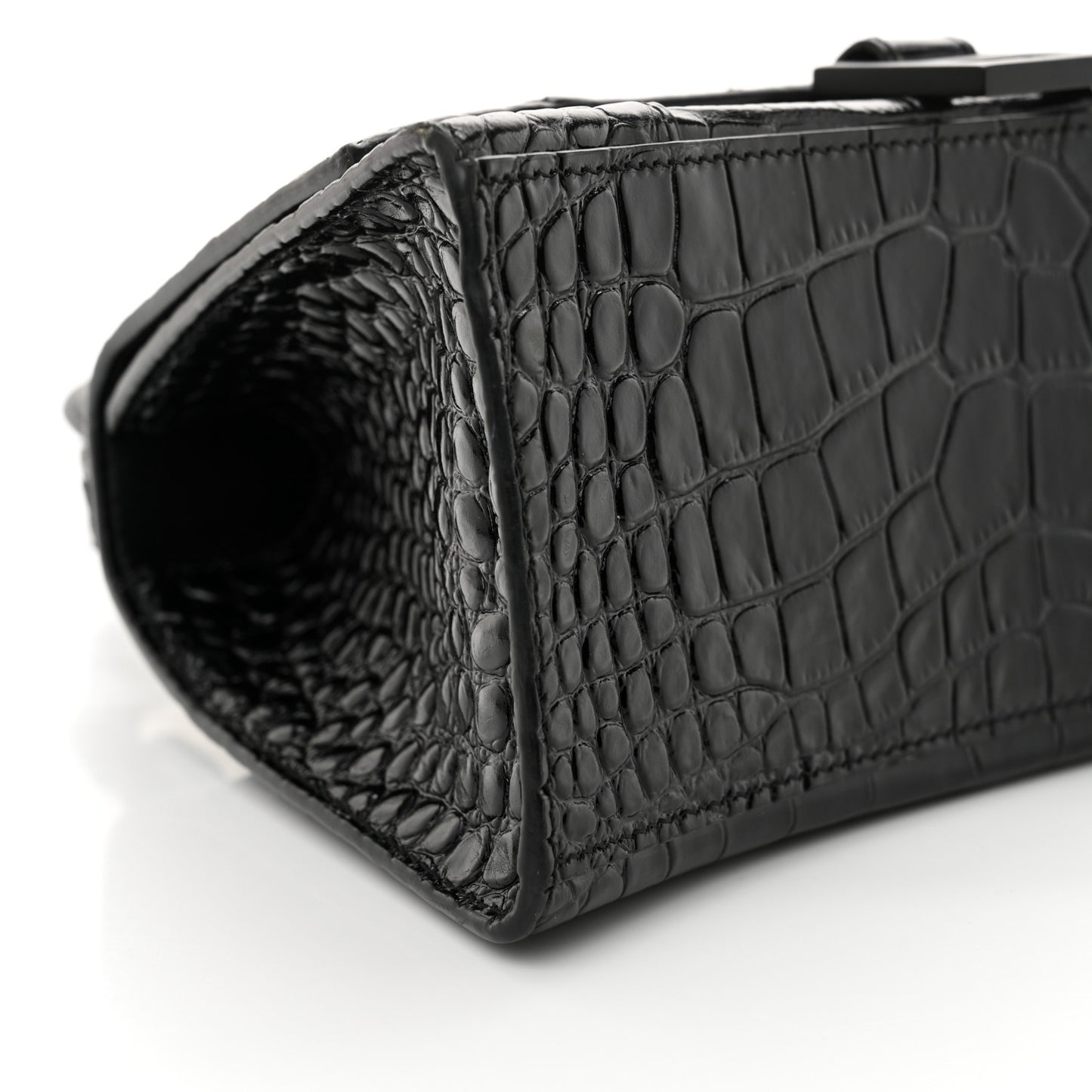 Shiny Calfskin Monochrome Crocodile Embossed Small Hourglass Top Handle Bag Black