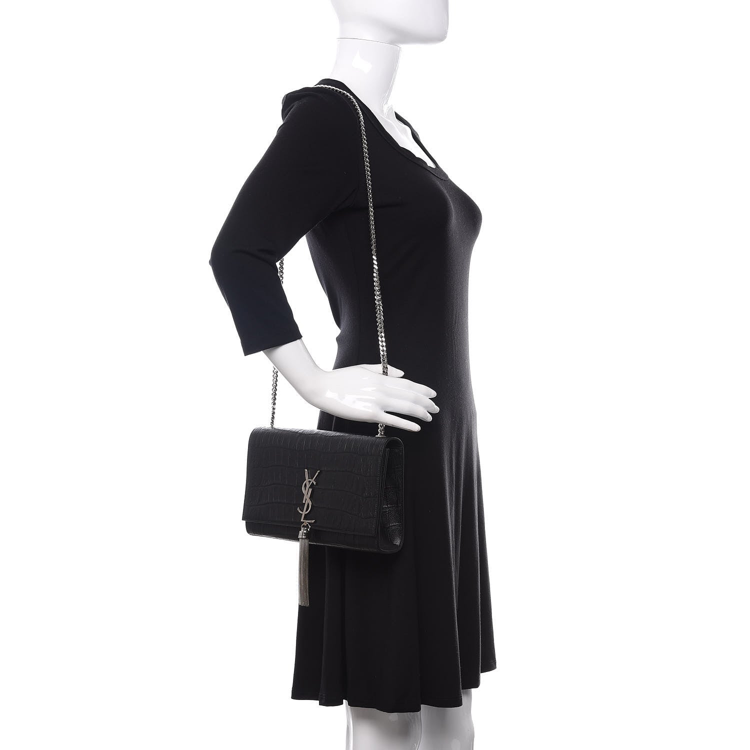 Saint Laurent Calfskin Crocodile Embossed Medium Classic Monogram Kate Tassel Satchel Black 2 of 10
