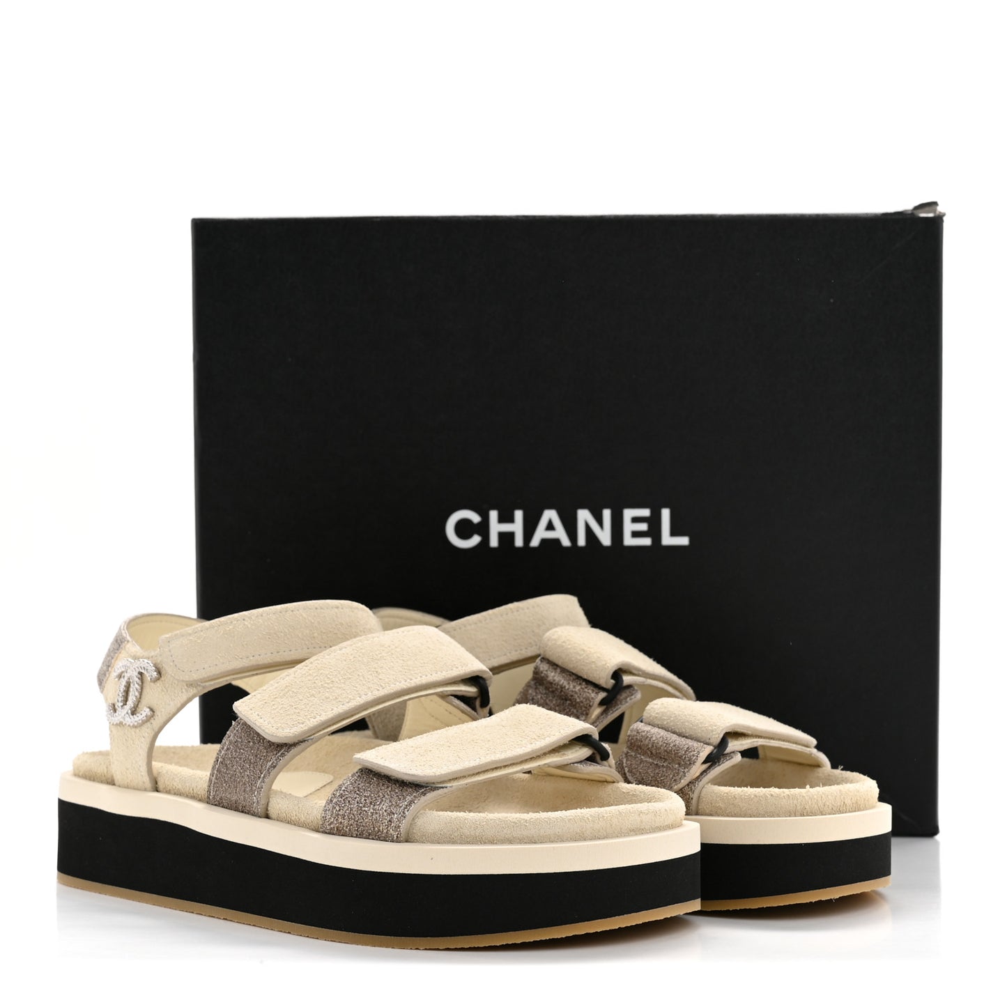 Suede Calfskin Velcro Flat Sandals 36 Ecru Dark Beige