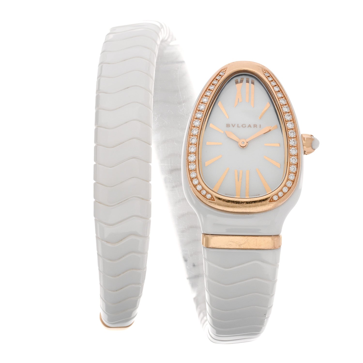 Bulgari 18K Rose Gold Ceramic Diamond Bezel 35mm Serpenti Tubogas Quartz Watch White 1 of 5