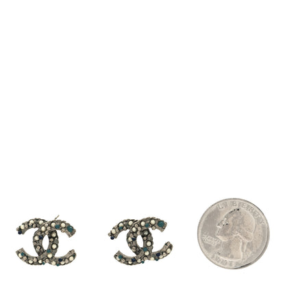 Chanel Crystal Pearl Resin Beaded CC Earrings Ruthenium Blue 2 of 4