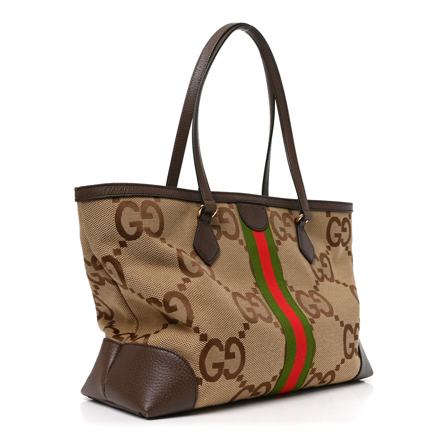 Monogram Jumbo GG Textured Dollar Calfskin Web Medium Ophidia Shopping Tote Camel Ebony