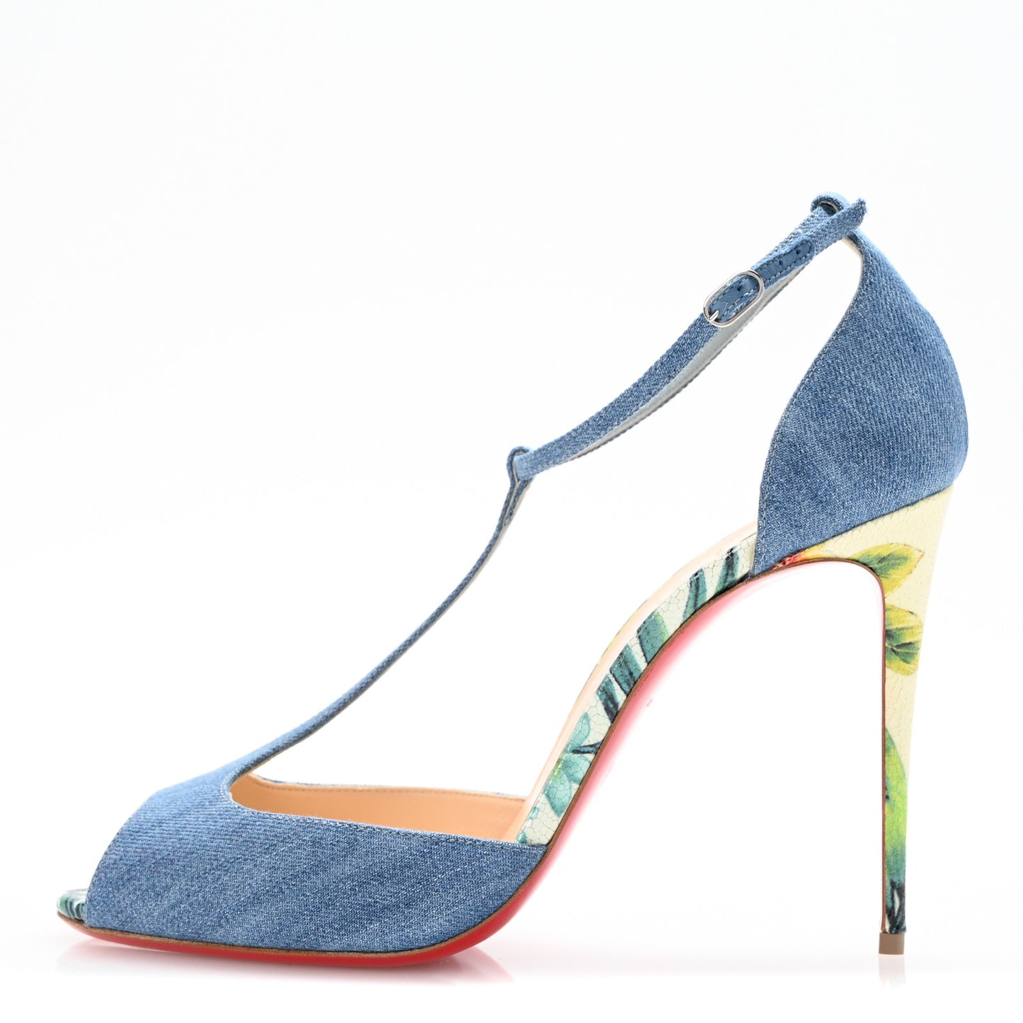 Denim Crackled Calfskin Hawaii Print Senora 100 Sandals 41 Blue White