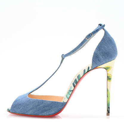 Christian Louboutin Denim Crackled Calfskin Hawaii Print Senora 100 Sandals 41 Blue White 1 of 11
