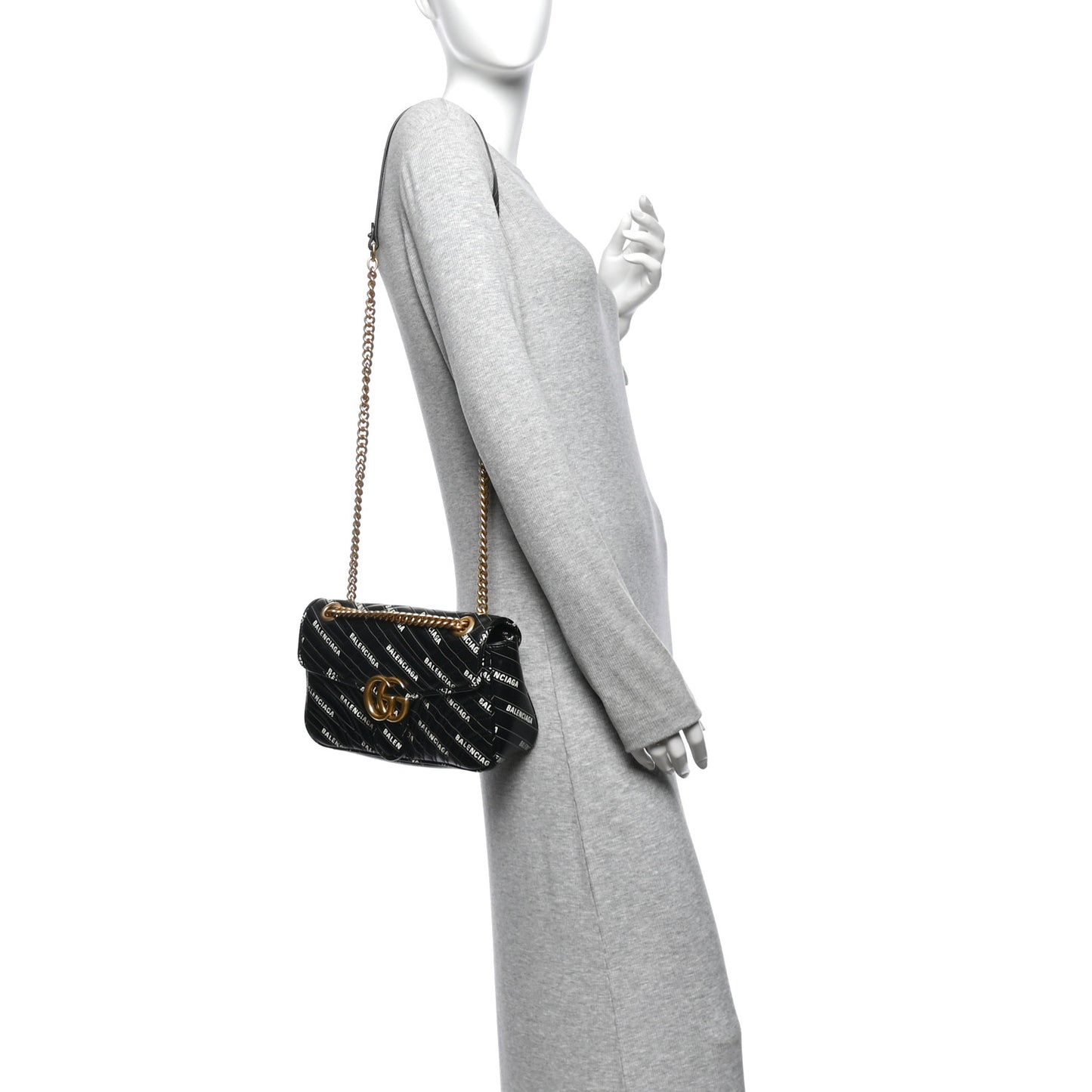 X BALENCIAGA Calfskin Matelasse Logo Print Small GG Marmont Shoulder Bag Black
