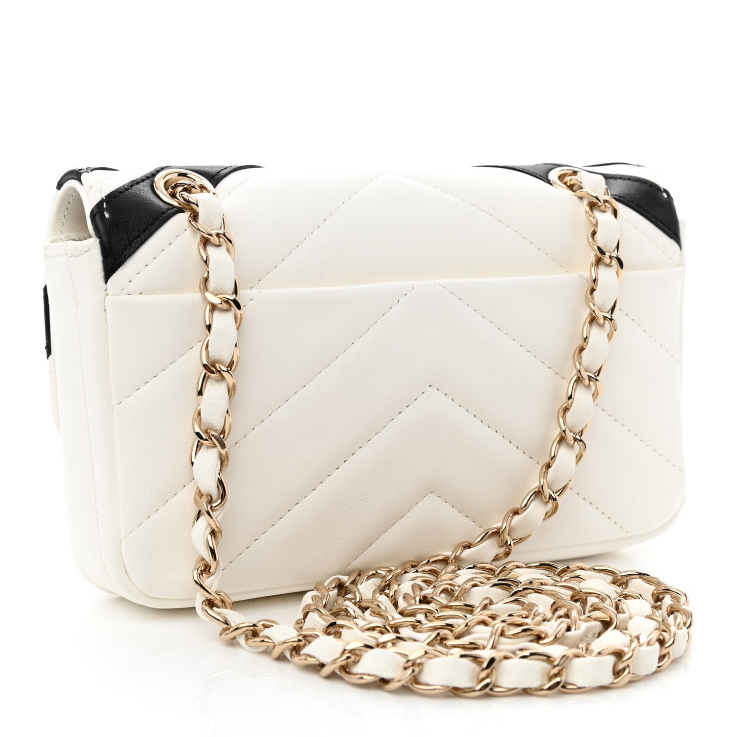 Lambskin Chevron Stitched Flap White Black