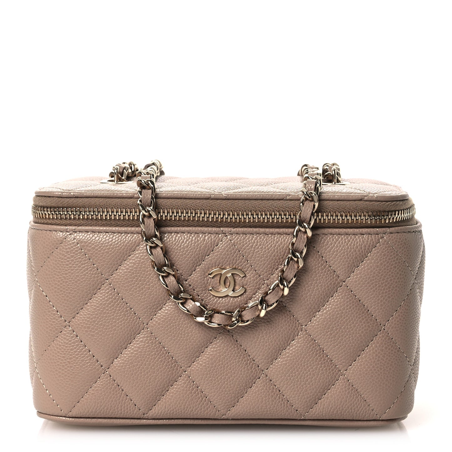 Caviar Quilted Small Vanity Case With Chain Dark Beige