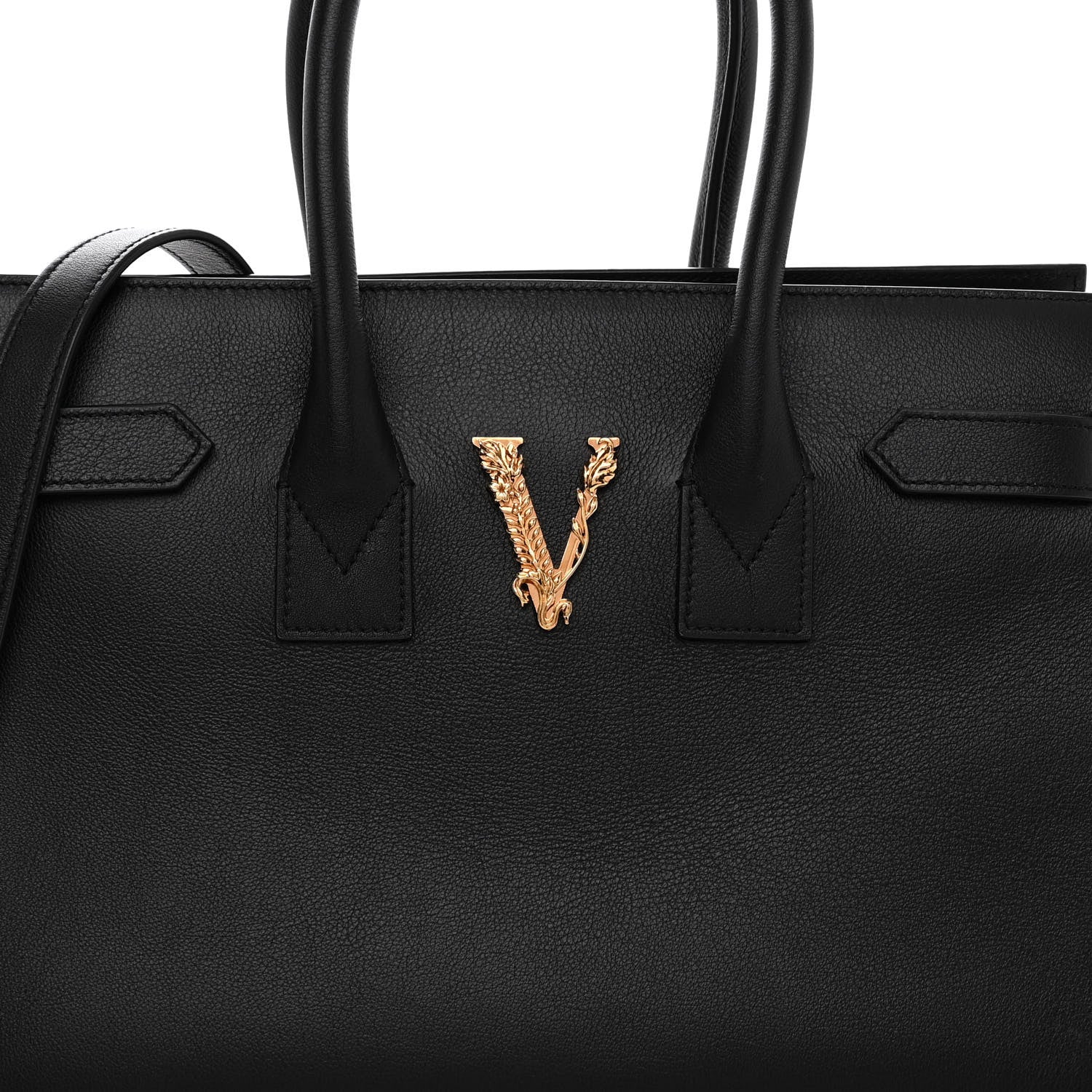 Versace Grained Calfskin Large Virtus Top Handle Shoulder Bag Black 7 of 9