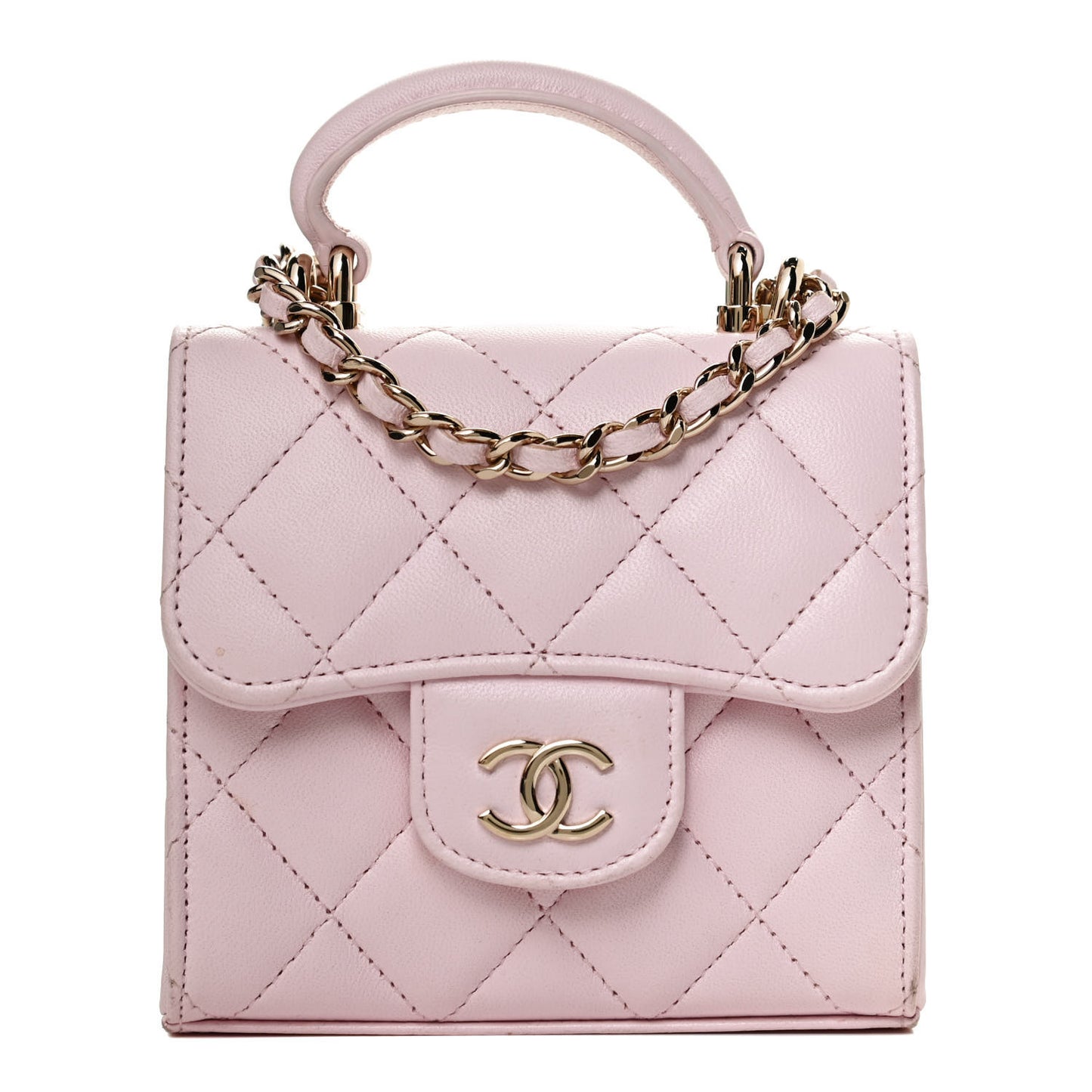 Lambskin Quilted Top Handle Clutch With Chain Light Pink