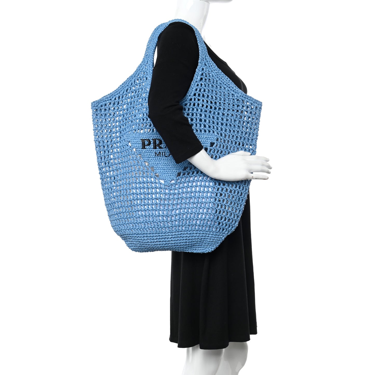 Yarn Raffia Effect Crochet Logo Embroidered Shopping Tote Bag Celeste