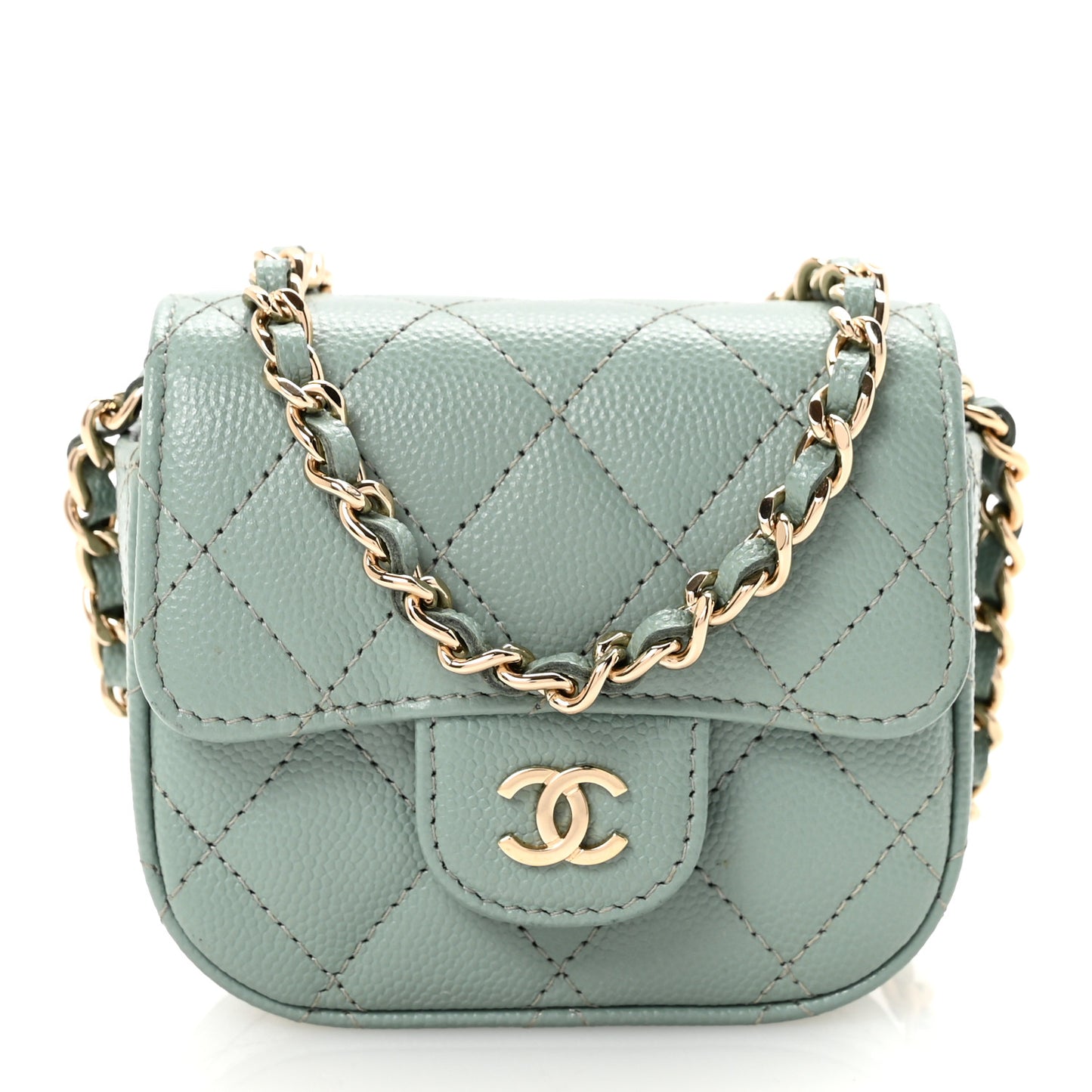 Caviar Quilted Mini Clutch With Chain Light Green
