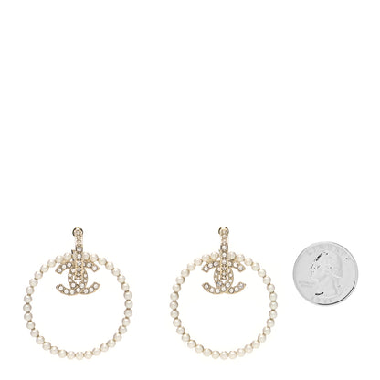 Chanel Crystal Pearl CC Door Knocker Hoop Earrings Gold Pearly White 2 of 4