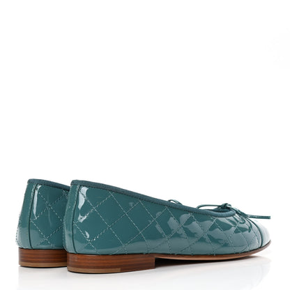 Chanel Patent Calfskin Quilted Cap Toe CC Ballerina Flats 37 Turquoise 3 of 4