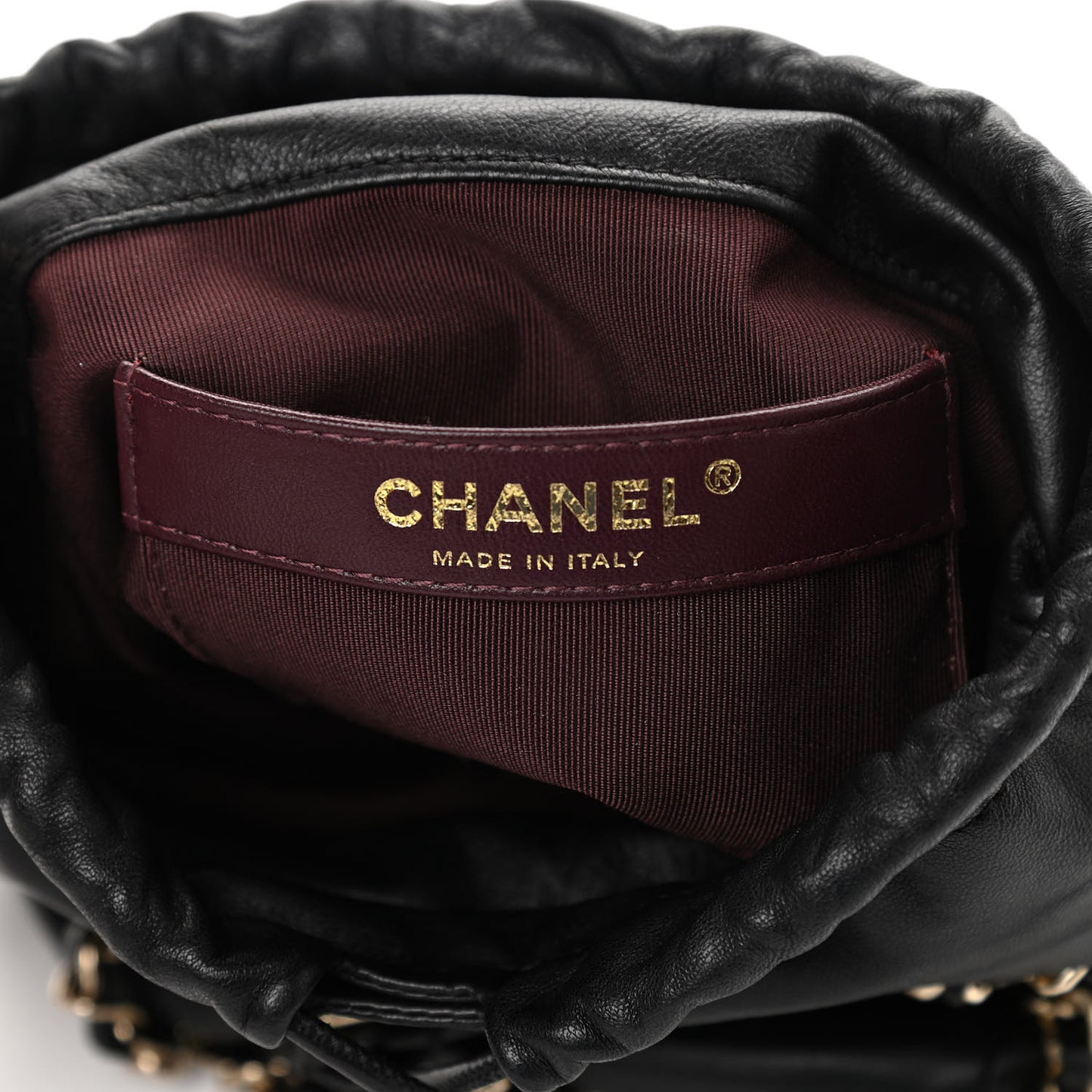 Lambskin Bucket Chain Drawstring Bag Black