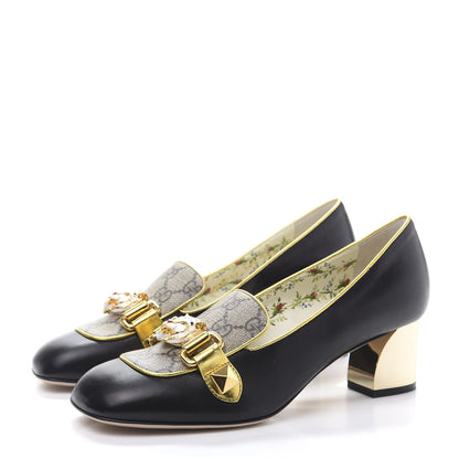Gucci Malaga Kid Nappa GG Supreme Monogram Tiger Head Mid Heel Loafer Pumps 36.5 Black Oro Vecchio Beige 3 of 8