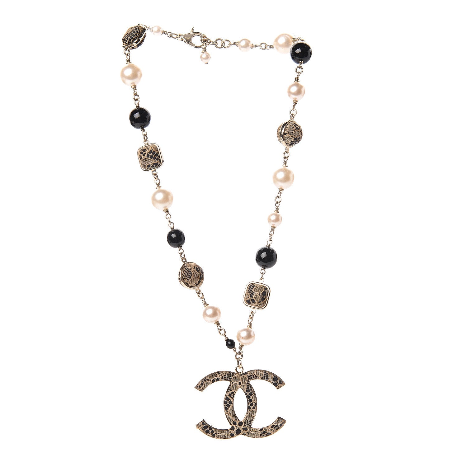 Chanel Pearl Beaded Lace CC Necklace Black Gold 3 of 5