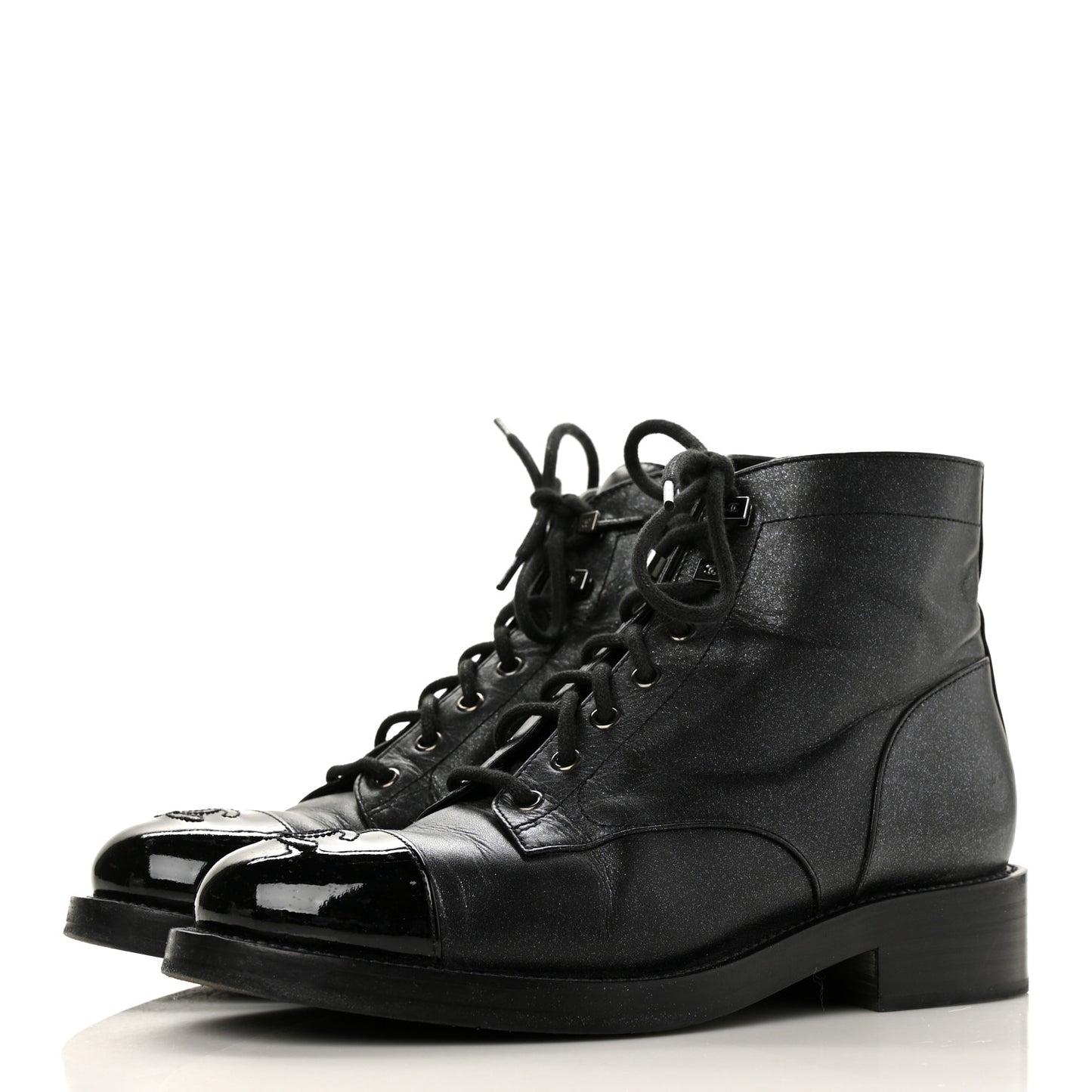 Iridescent Calfskin Patent Cap Toe Combat Boots 39.5 Black