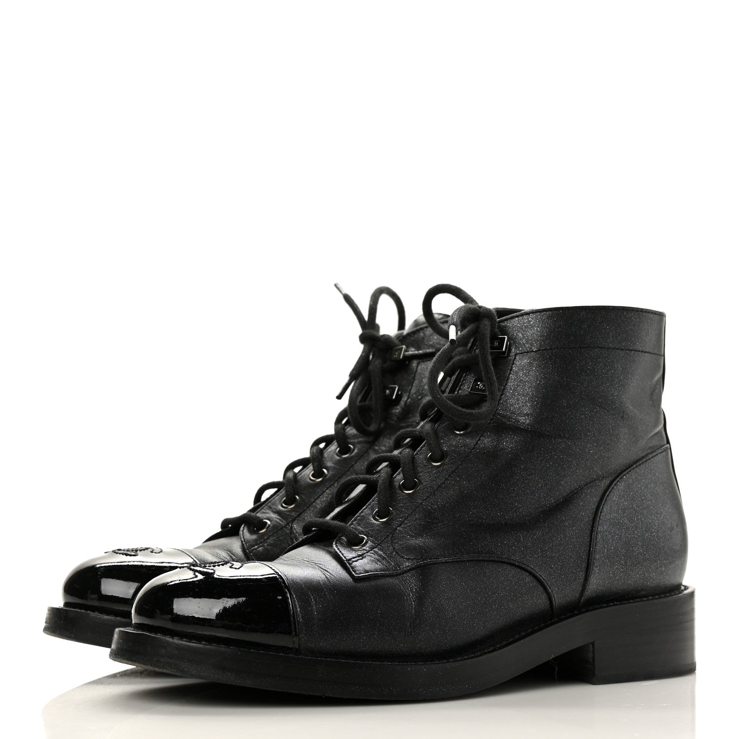 Chanel Iridescent Calfskin Patent Cap Toe Combat Boots 39.5 Black 3 of 9