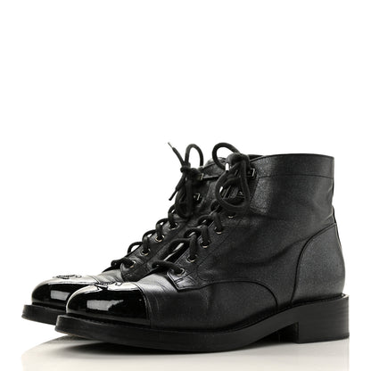 Chanel Iridescent Calfskin Patent Cap Toe Combat Boots 39.5 Black 3 of 9