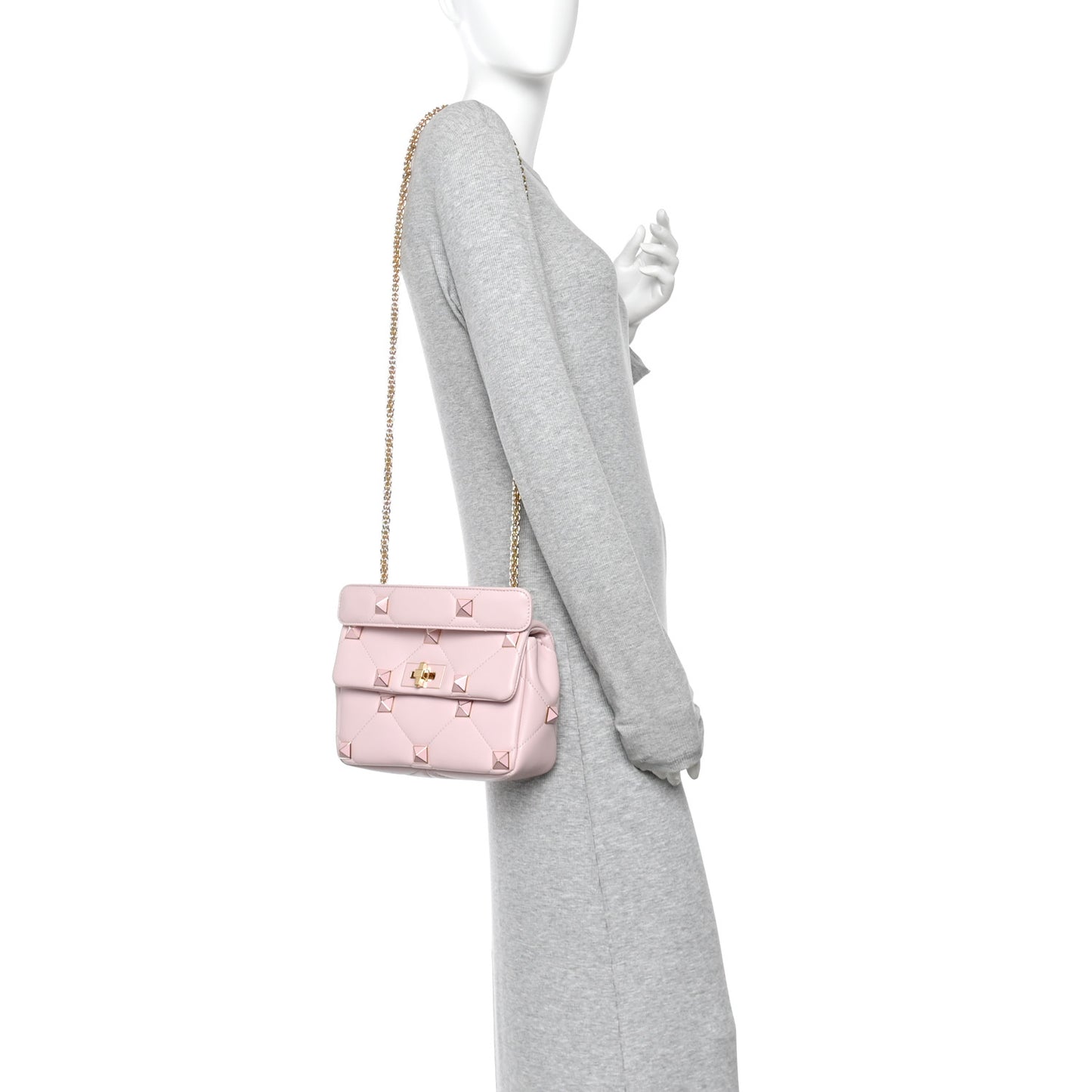 Nappa Enamel Medium Roman Stud Shoulder Bag Rose Quartz
