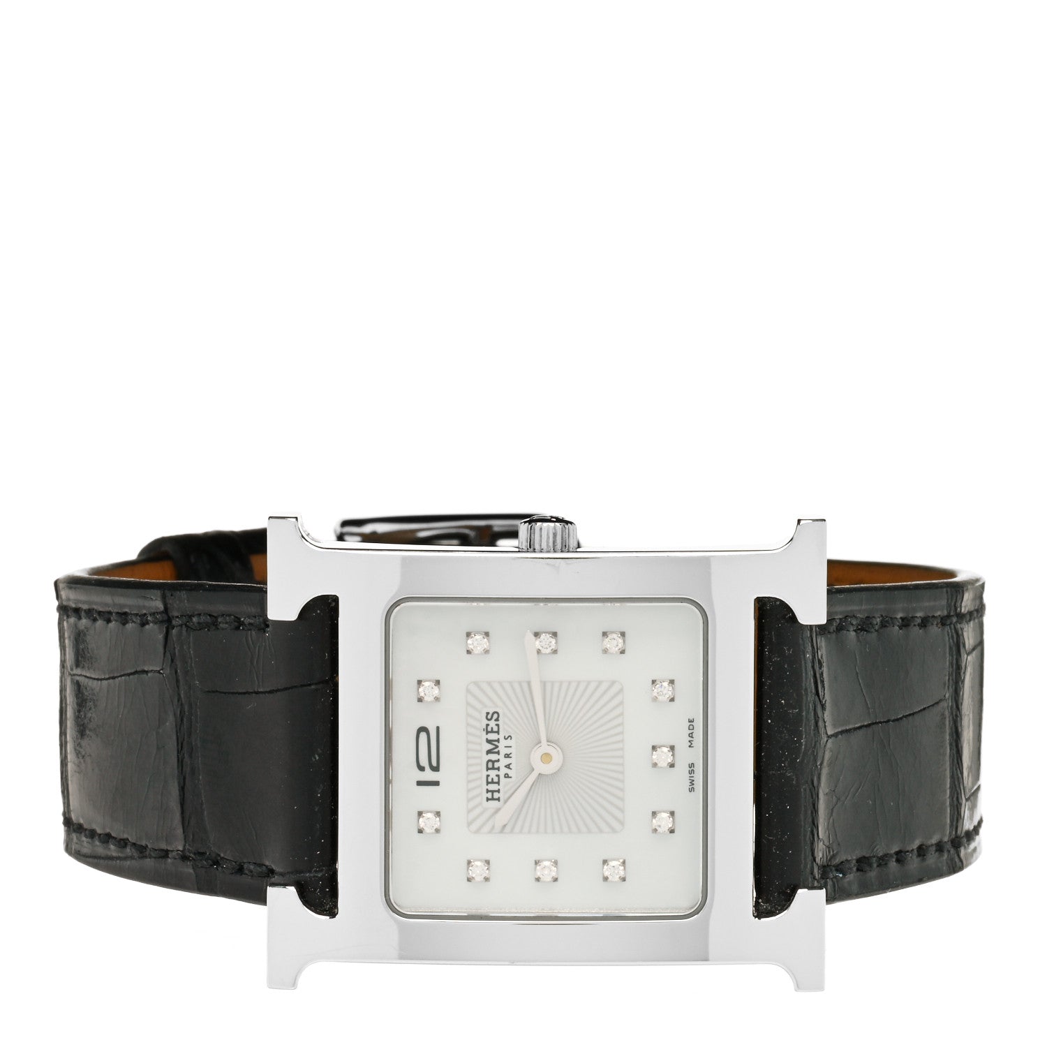 Hermes Stainless Steel Alligator Diamond Mother of Pearl 26mm Heure H Hour Quartz Watch Noir 2 of 4