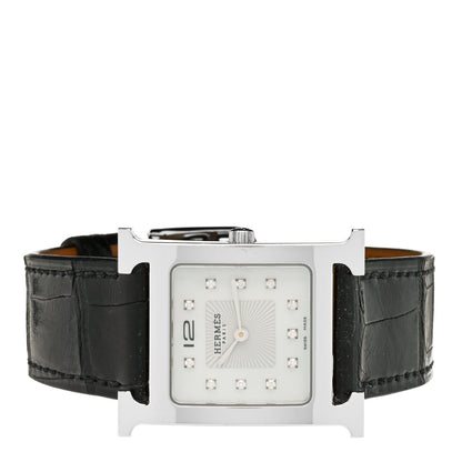 Hermes Stainless Steel Alligator Diamond Mother of Pearl 26mm Heure H Hour Quartz Watch Noir 2 of 4