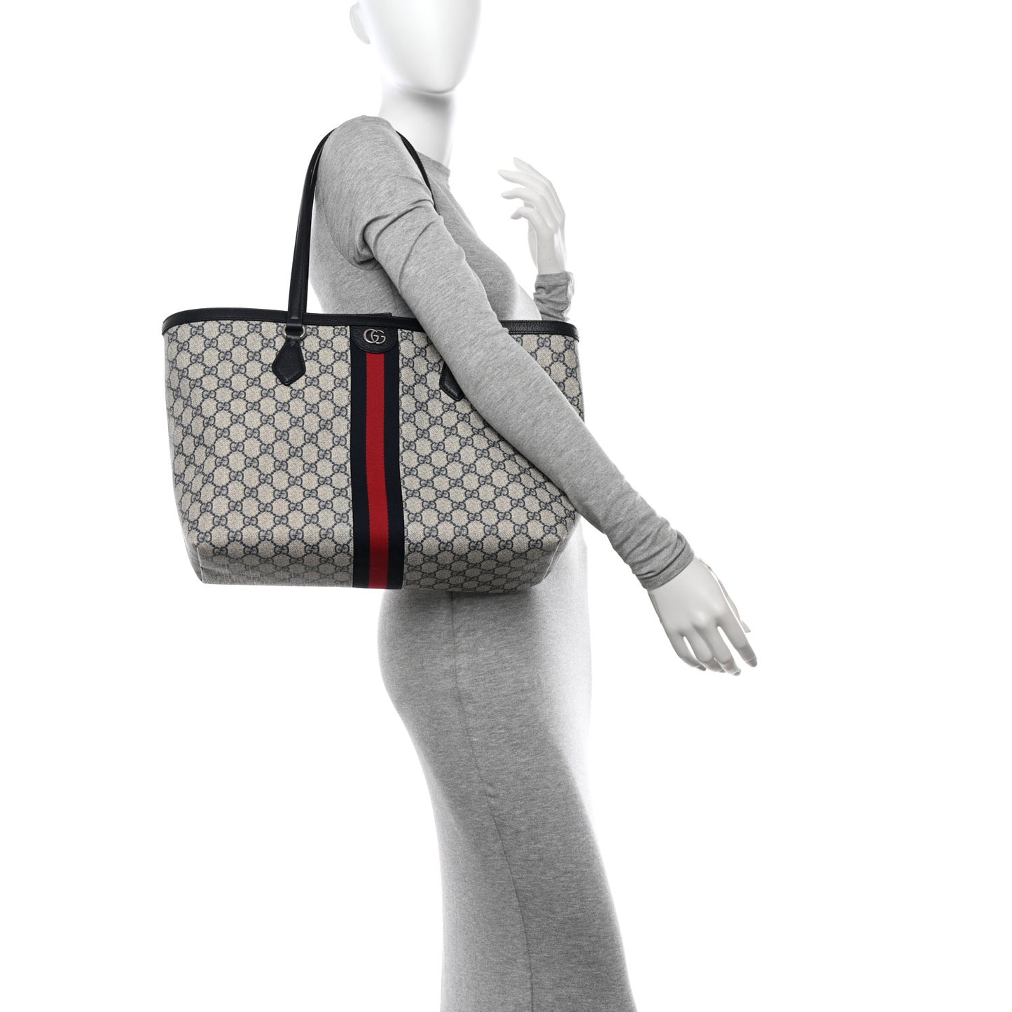 GG Supreme Monogram Textured Calfskin Web Medium Ophidia Shopping Tote Beige Blue