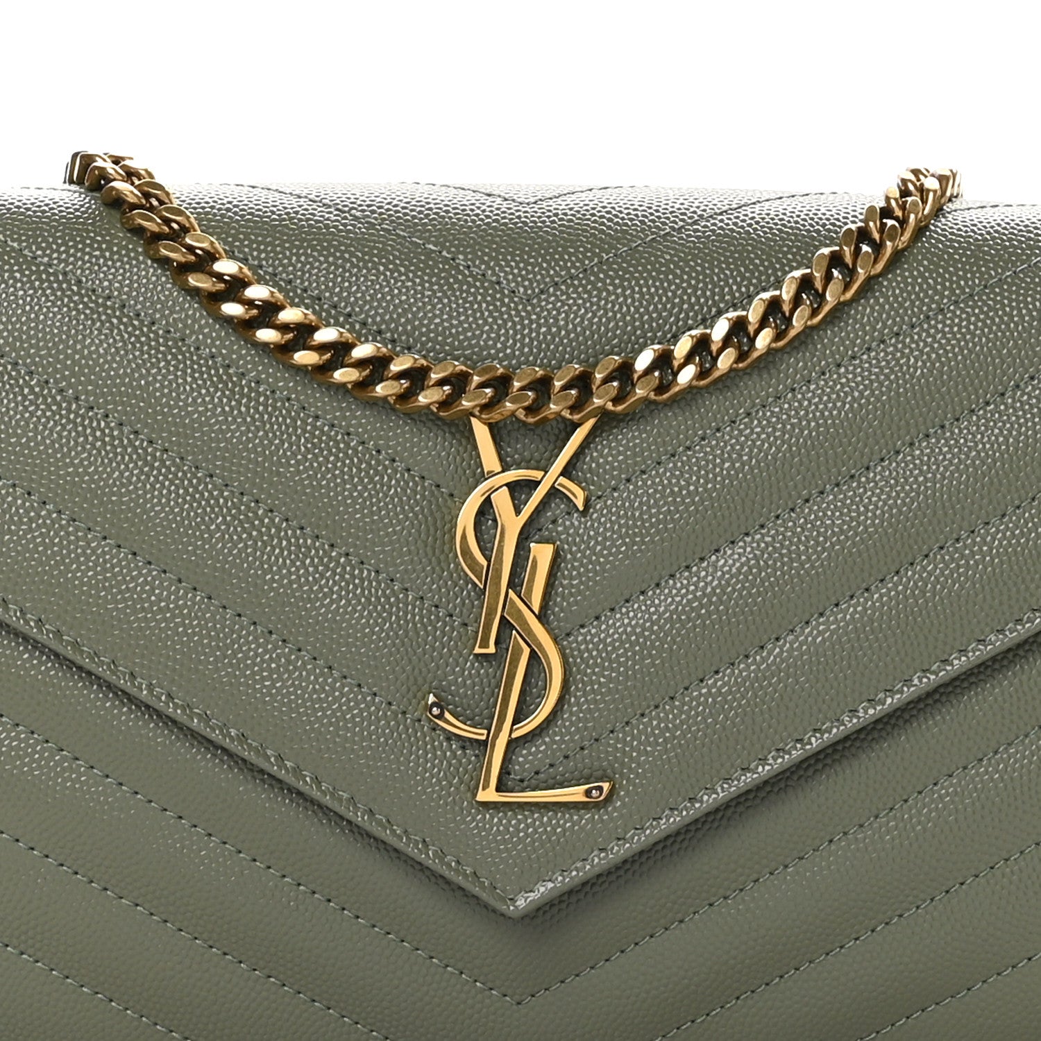 Saint Laurent Grain De Poudre Matelasse Chevron Monogram Chain Wallet Light Sage 8 of 10