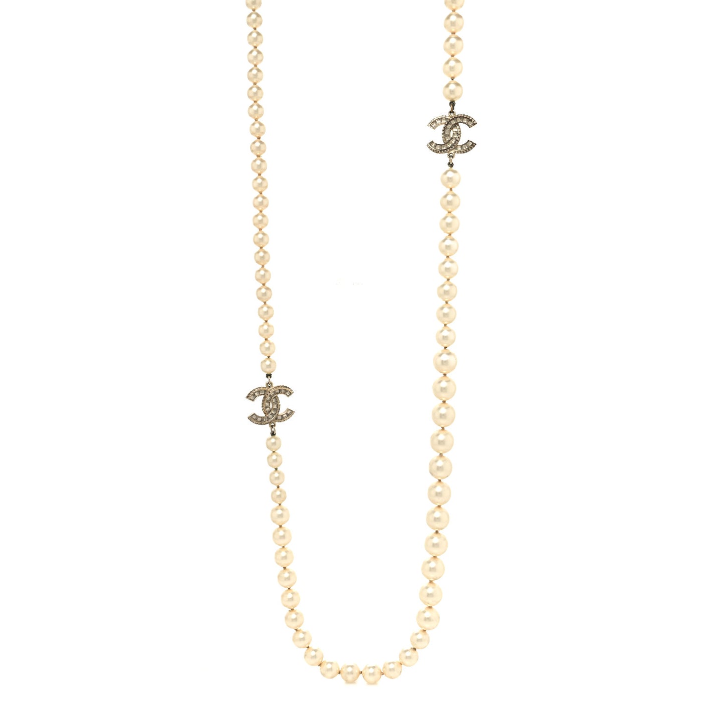 Graduated Pearl Crystal CC Long Necklace White