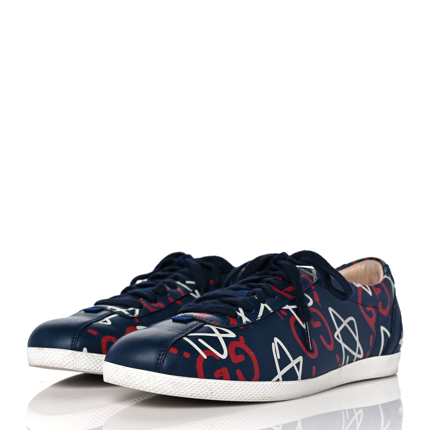 Calfskin GucciGhost Print Womens Low Top Sneakers 38.5 Blue Agata Hibiscus Red