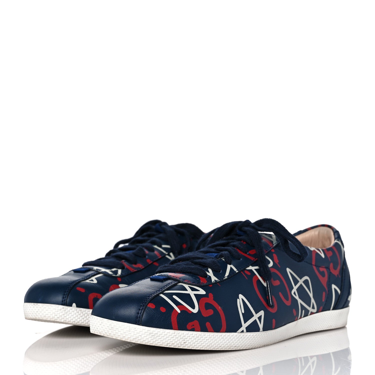 Gucci Calfskin GucciGhost Print Womens Low Top Sneakers 38.5 Blue Agata Hibiscus Red 3 of 8